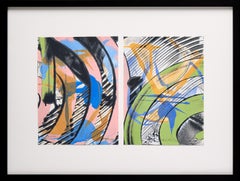 Abstract Screen Print Diptych by Paul Reed with Greens, Blues and Yellows