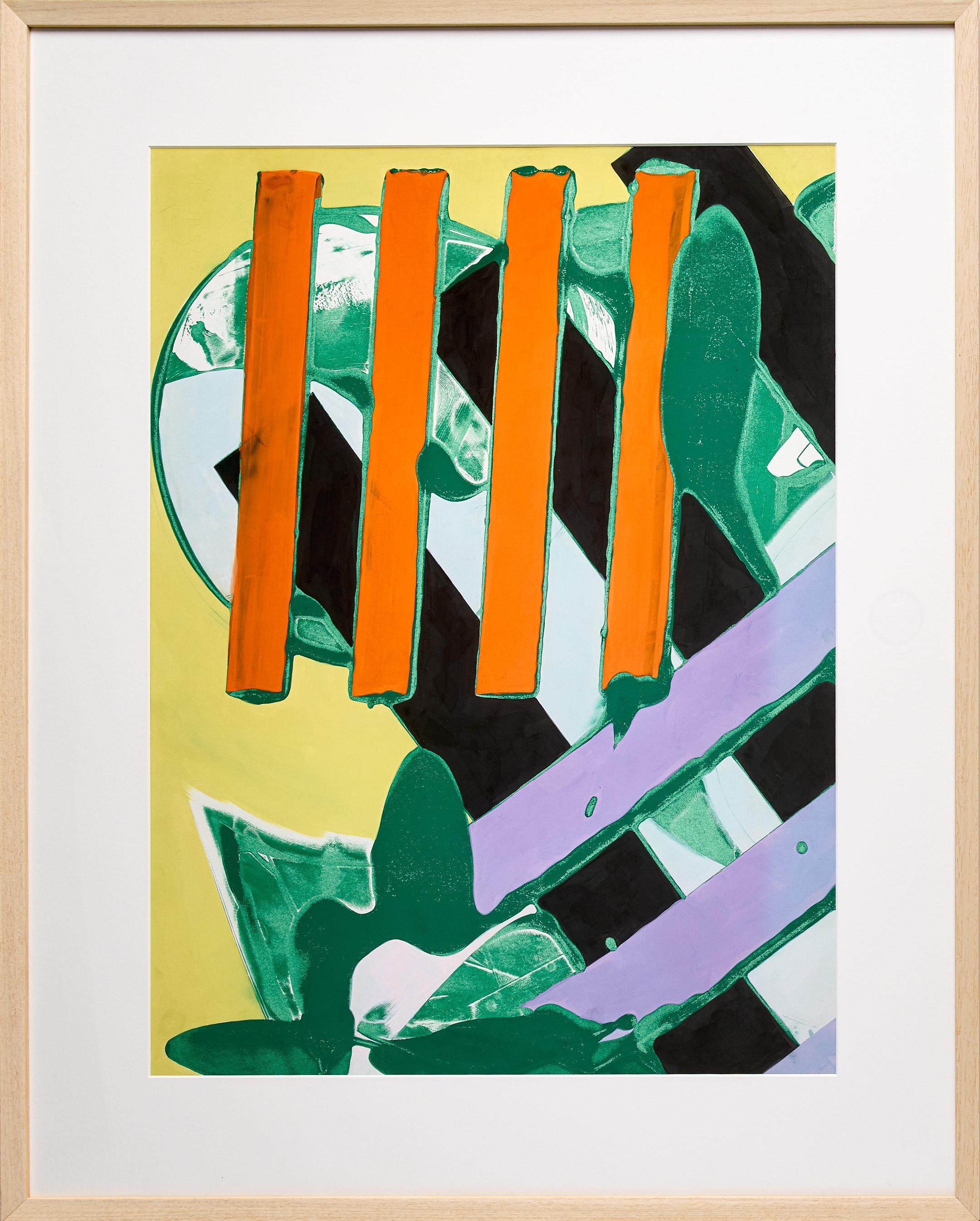 Complementary colors purple and yellow are on full display in this large acrylic screen print by Washington Color School artist Paul Reed. The purple stripes in the top left corner look as though they are nestled in leafy blue-green shapes. The