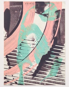 Framed Diptych Abstract Screen Prints by Paul Reed with Hues of Green and Pink