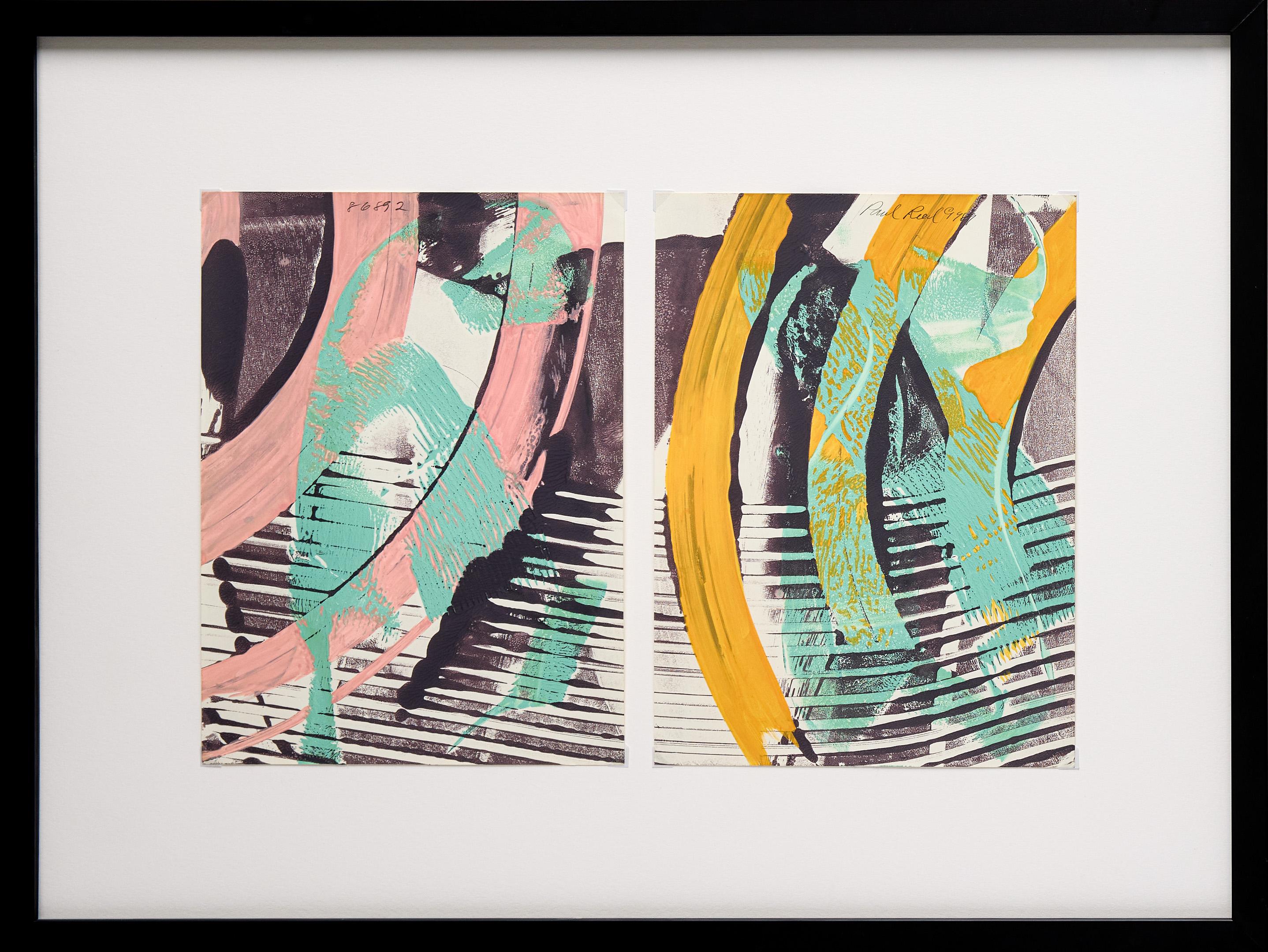 Framed Diptych Abstract Screen Prints by Paul Reed with Hues of Green and Pink