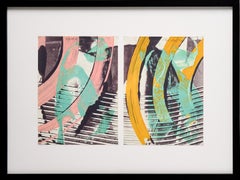 Framed Diptych Abstract Screen Prints by Paul Reed with Hues of Green and Pink