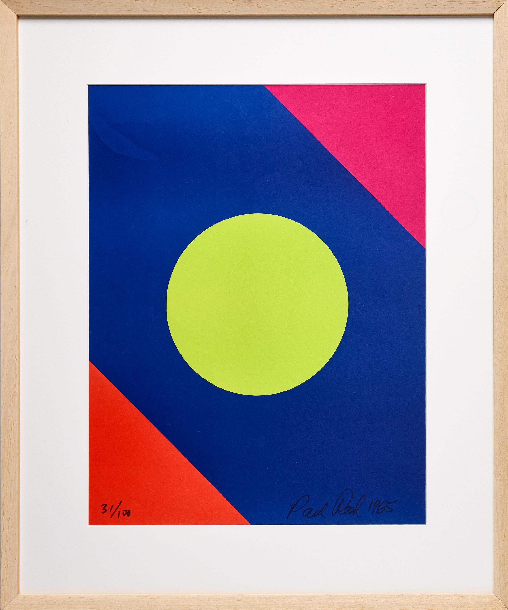 Framed Disk Painting by Paul Reed; Bright Blue, Green, Hues of Pinks and Orange
