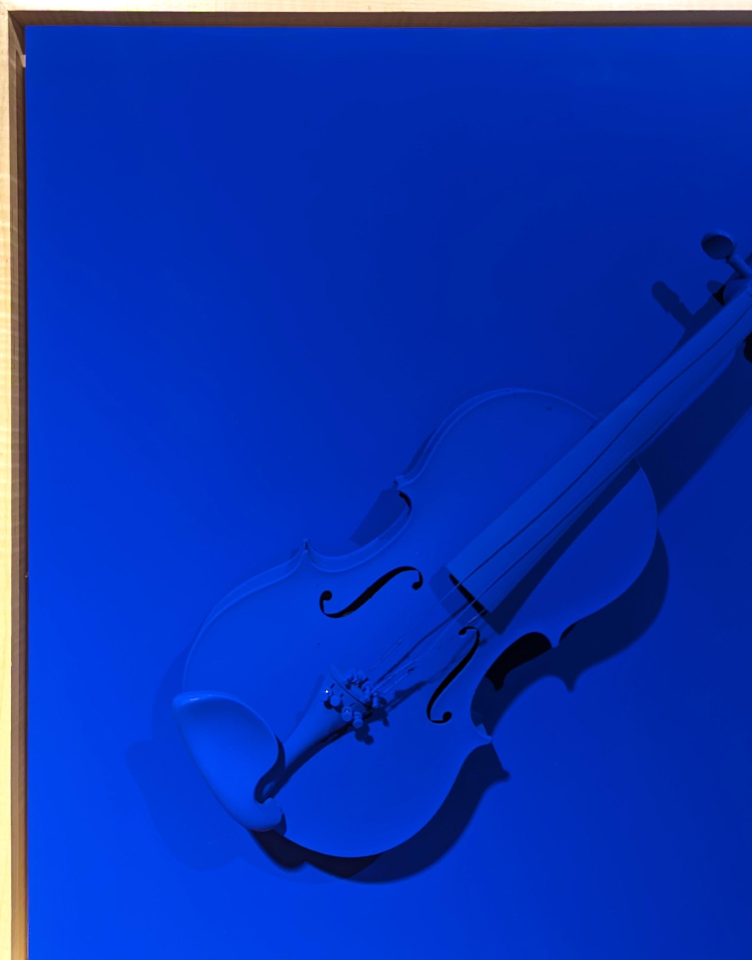 Quadro scultoreo blu brillante dell'artista contemporaneo Paul Reeves. L'opera presenta un violino trovato dipinto di blu che galleggia su uno sfondo dello stesso colore blu vibrante. Attualmente è appeso in una cornice galleggiante in legno chiaro.