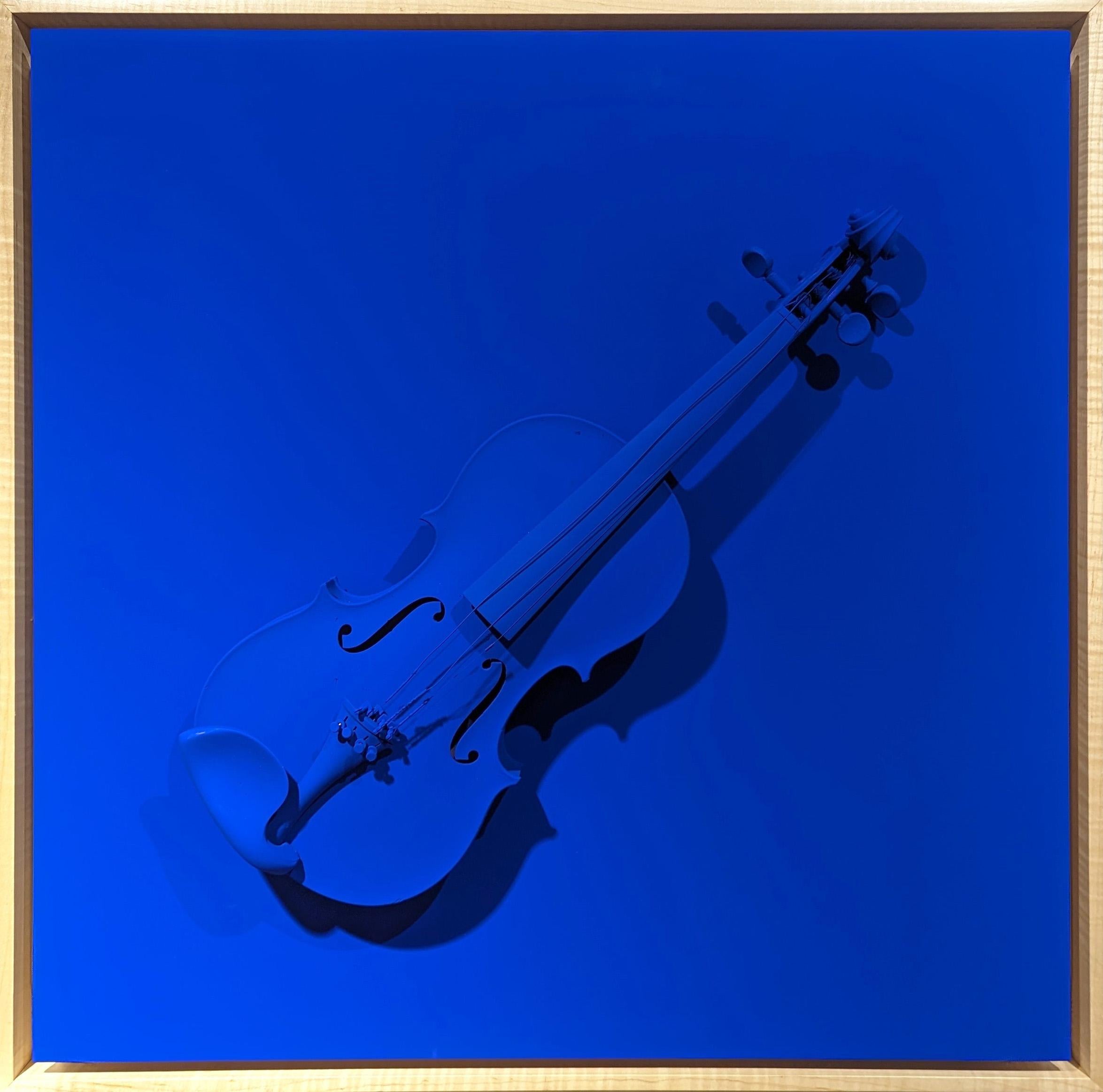 "Pearlman Blue" Contemporary Bright Blue Found Object Violin Sculpture Painting - Mixed Media Art by Paul Reeves