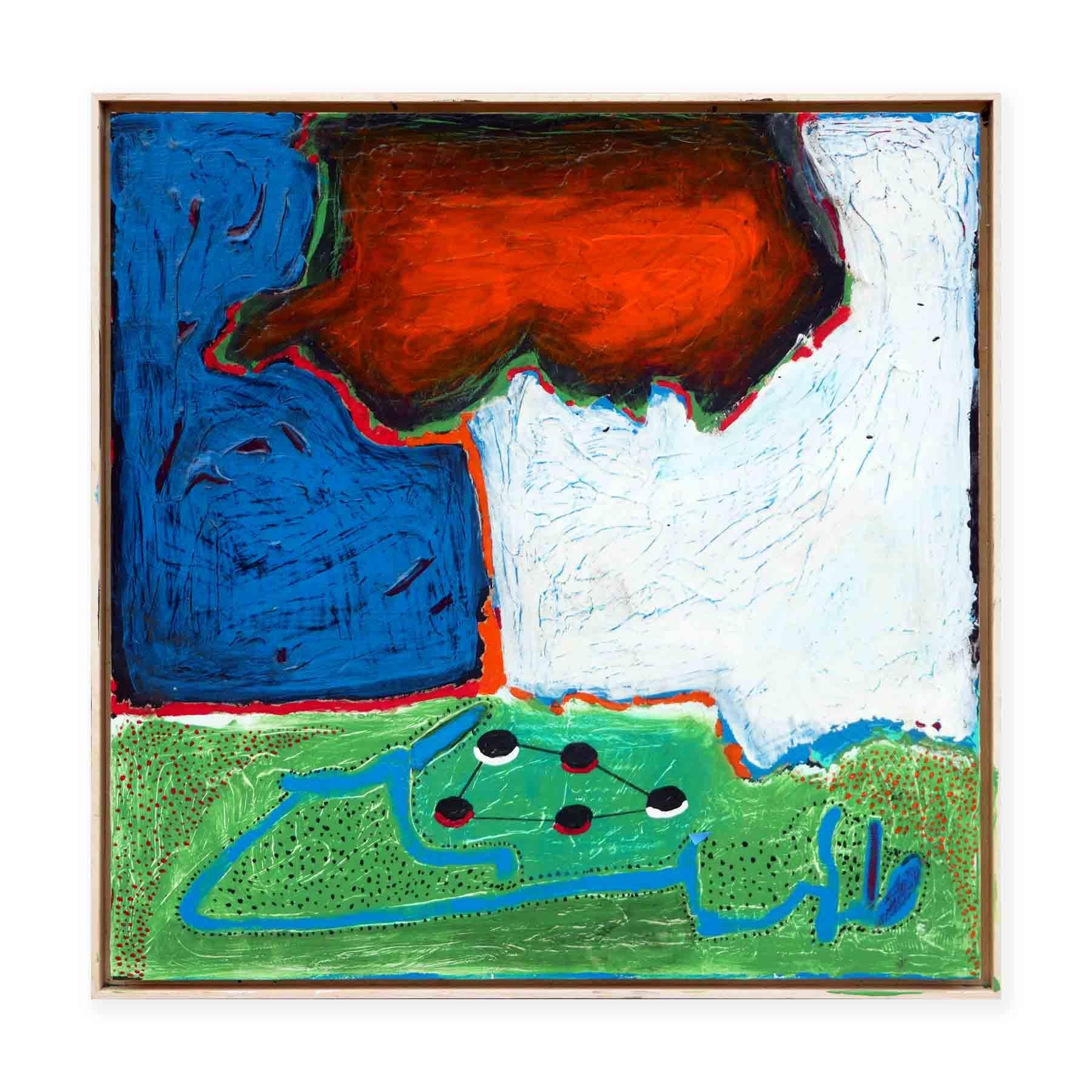 Peinture abstraite bleue, orange, blanche et verte « Ants at Work » - Painting de Paul Reeves