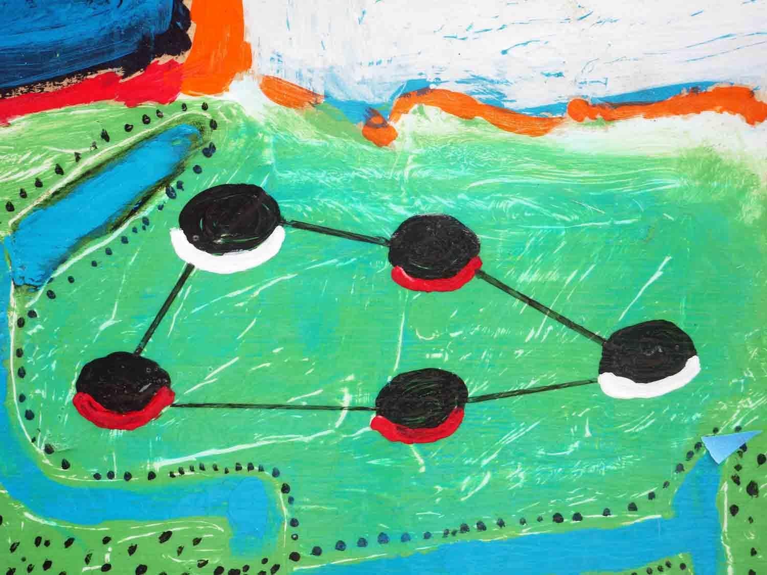 “Ants at Work” Blue, Orange, White, and Green Abstract Painting For Sale 5