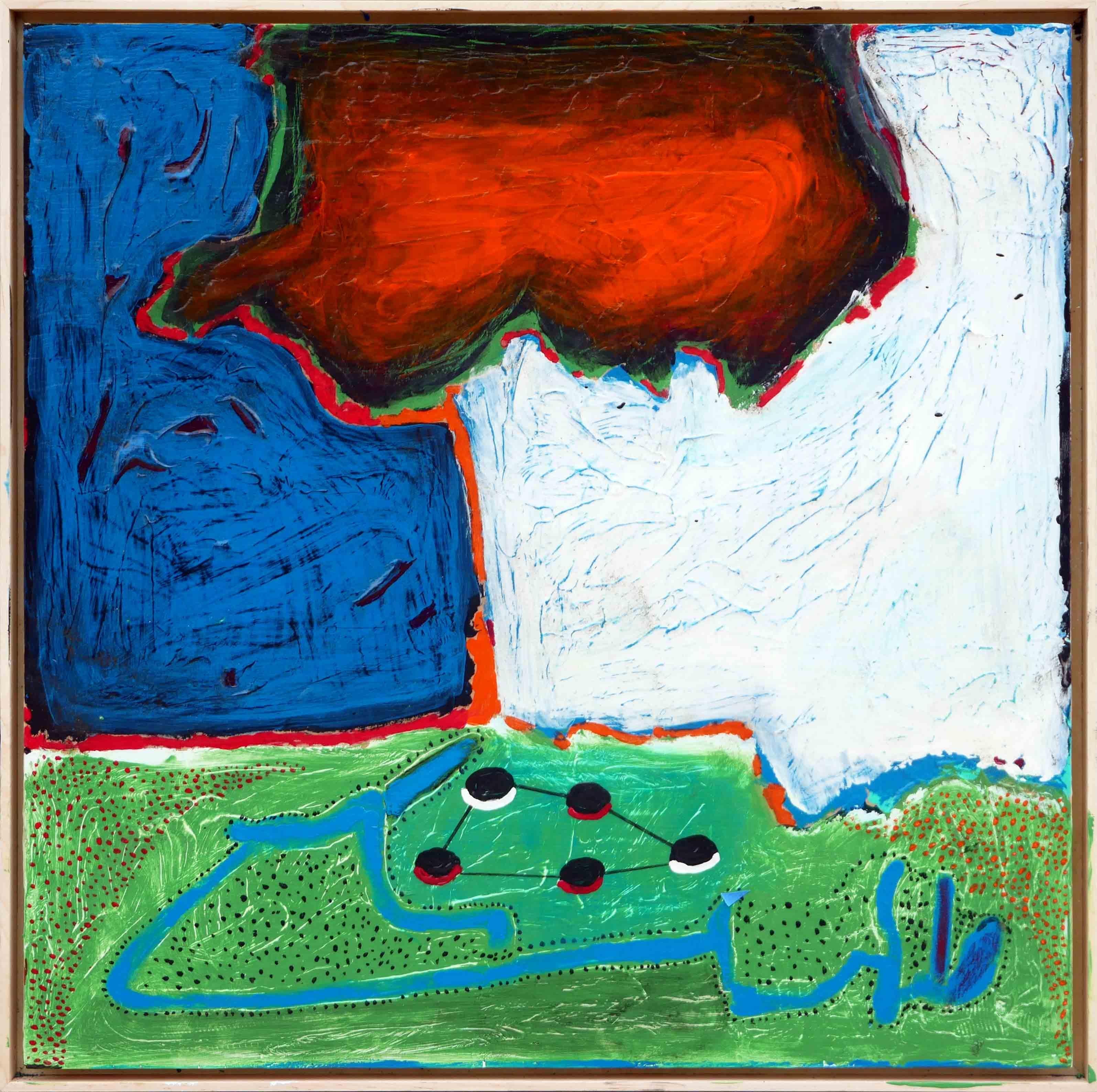 “Ants at Work” Blue, Orange, White, and Green Abstract Painting