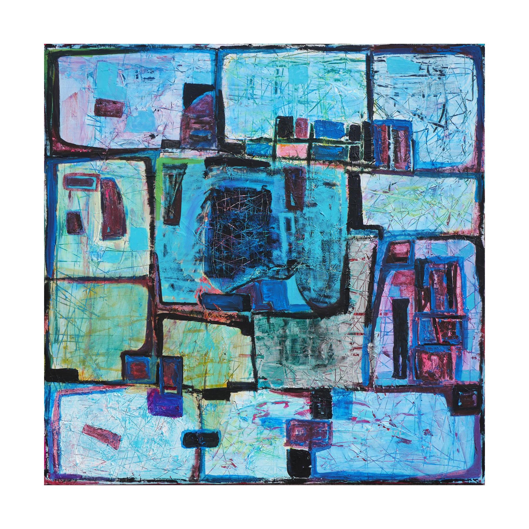 Blue, green, and pink abstract Cubist style painting by Texas artist Paul Reeves. The work features the geometric structure of traditional Cubism, combined with the brushwork of abstract expressionism. Signed by artist on the back. Currently