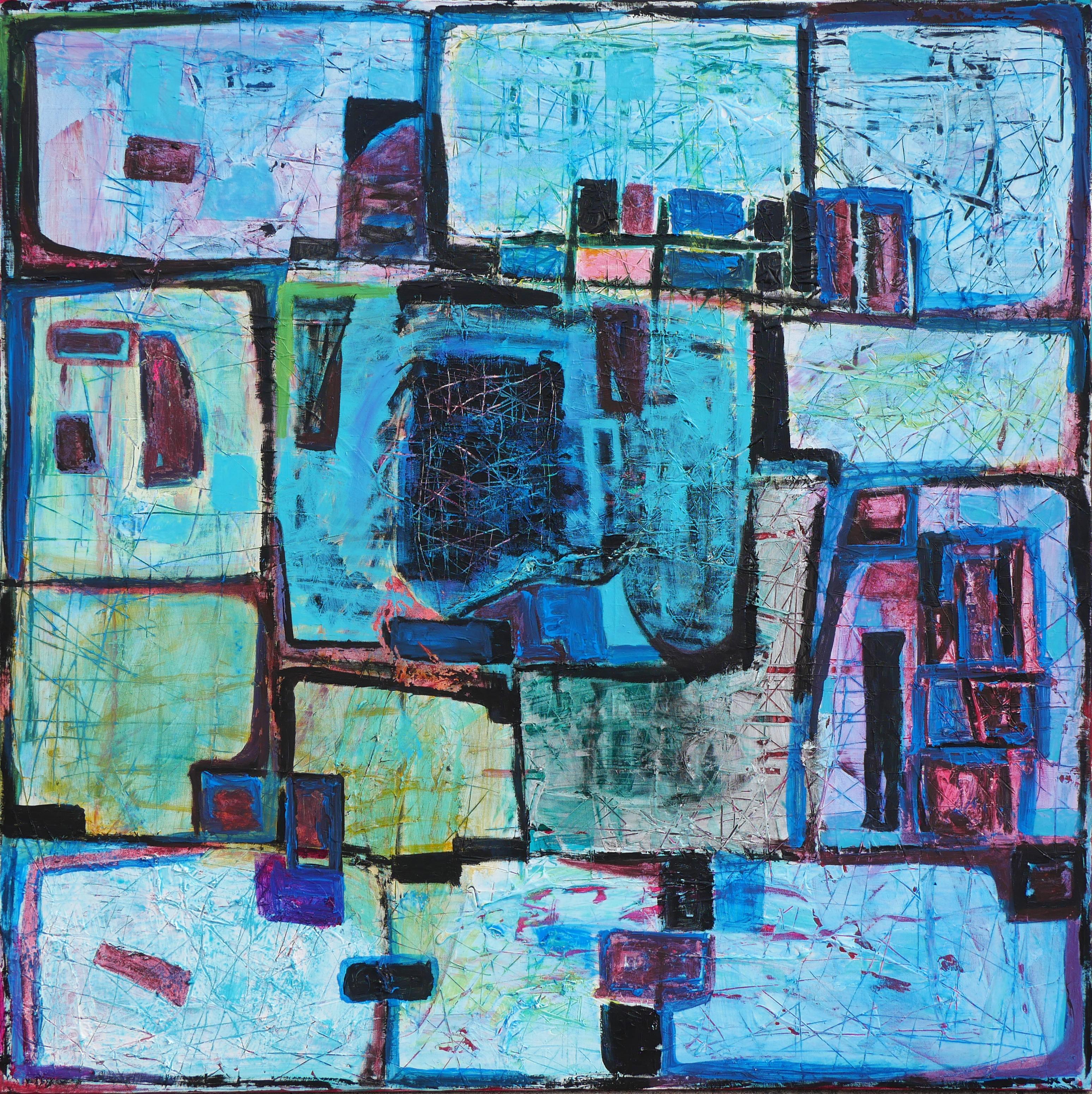 Paul Reeves Abstract Painting - "Chaos" Contemporary Blue, Green, & Pink Cubist Abstract Expressionist Painting