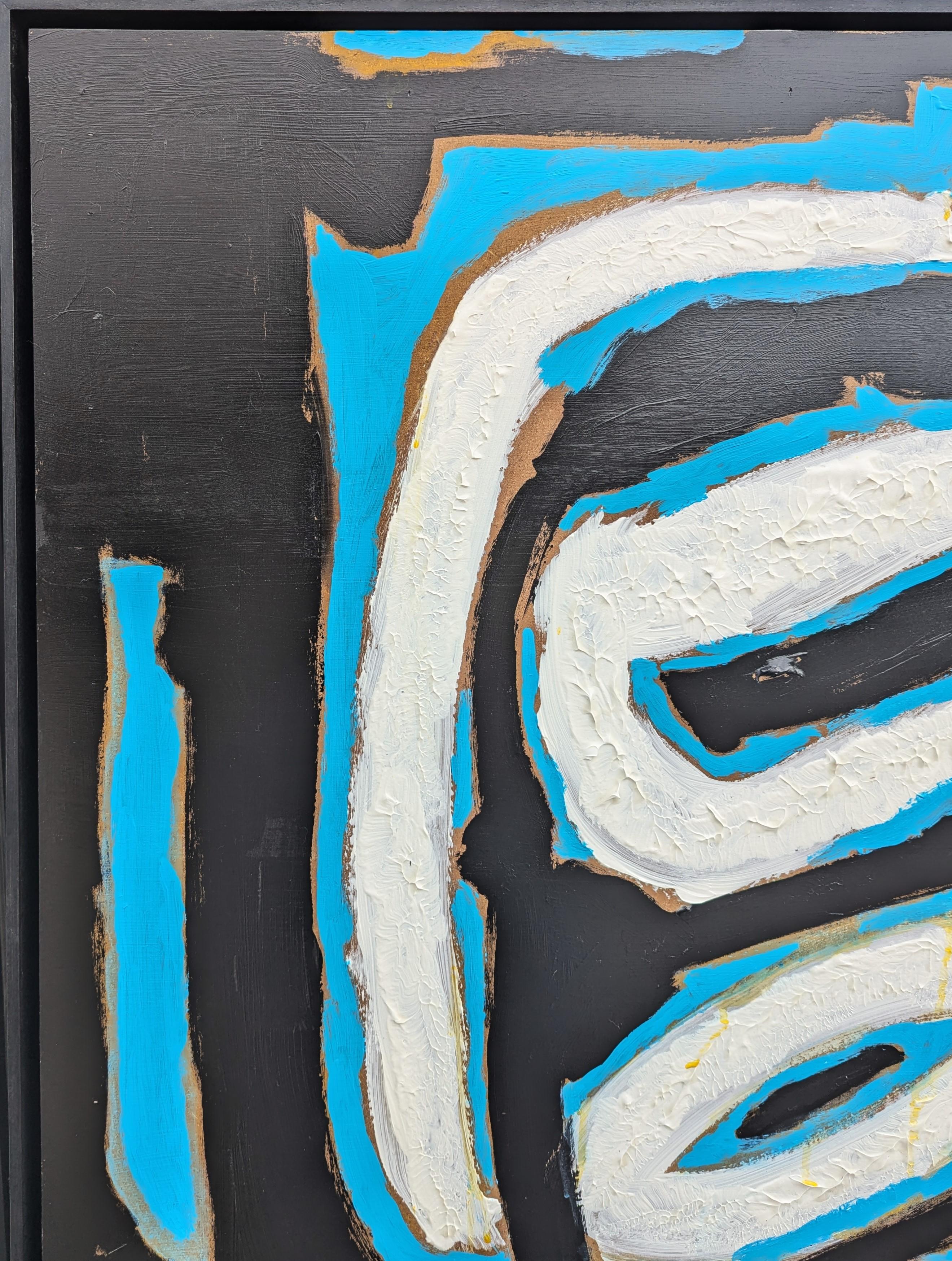 Contemporary expressionist abstract painting by Houston based artist Paul Reeves. The work features white, bold, gestural strokes set against a blue and black background. Signed on the reverse. Currently hung in a black floating frame.

Dimensions