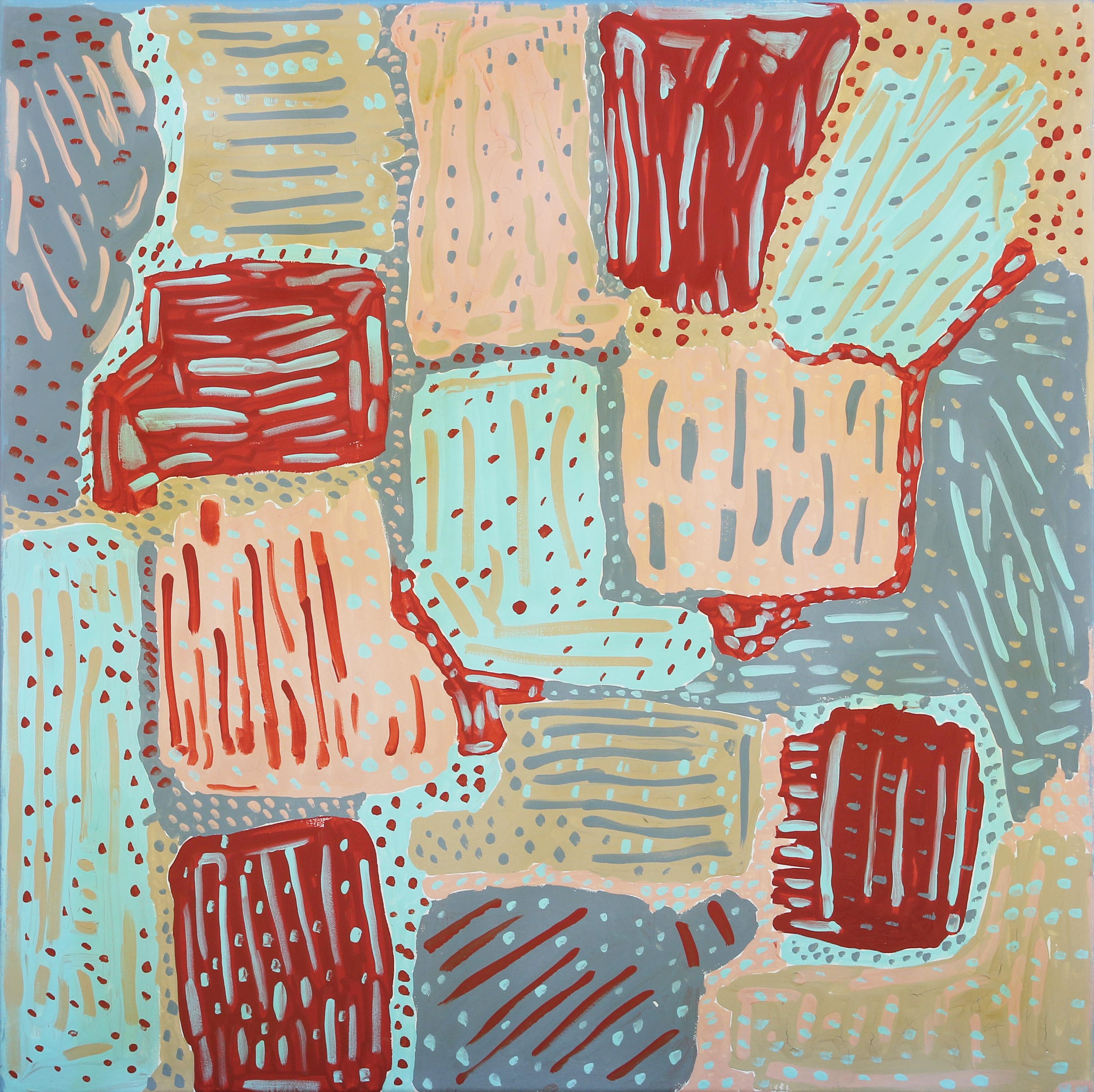 Abstract Painting di Paul Reeves - Pittura astratta a motivi geometrici "Deserto" con colori pastello pesca, blu e grigio