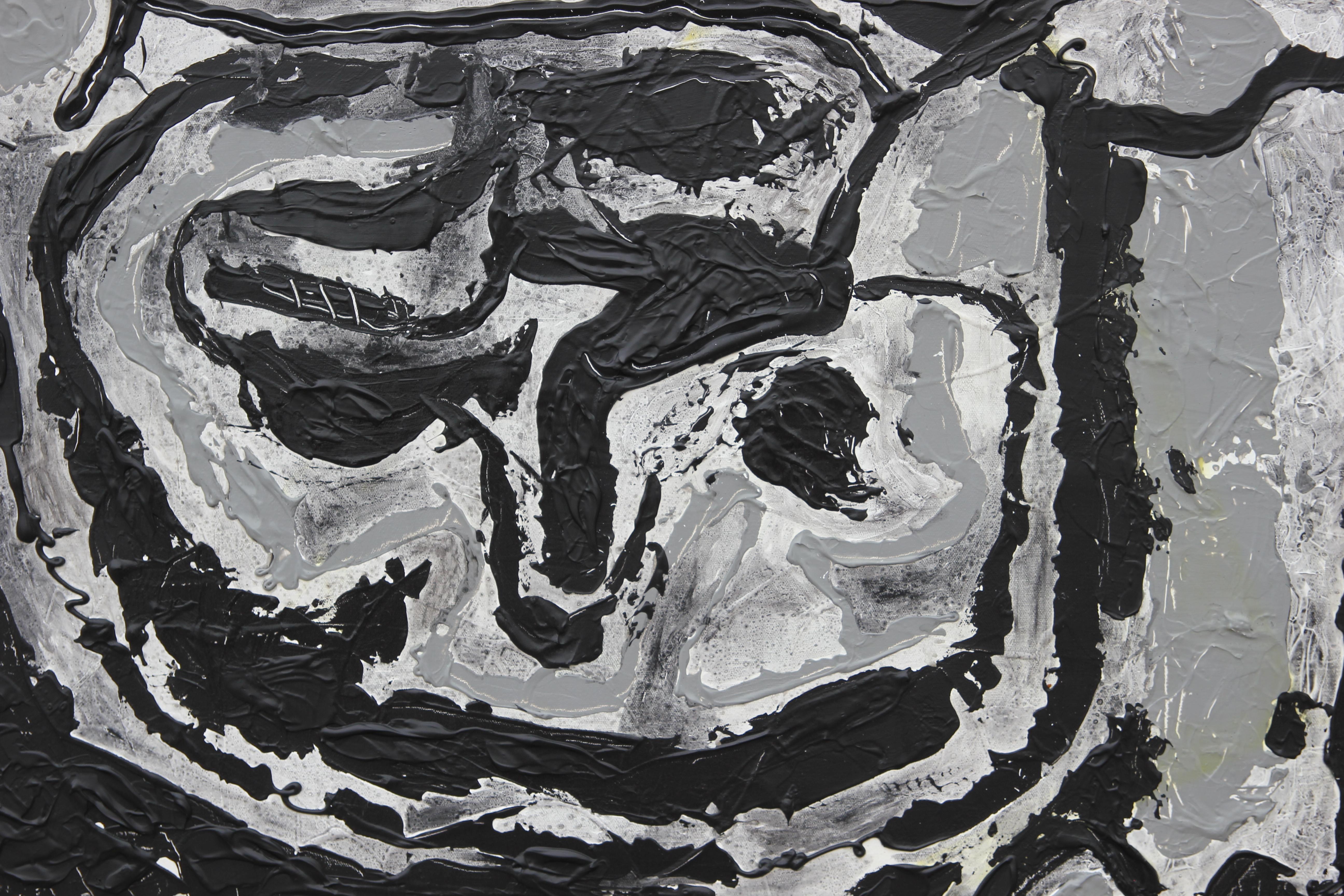 Abstraktes schwarzes und graues Gemälde „Enigma“ – Painting von Paul Reeves