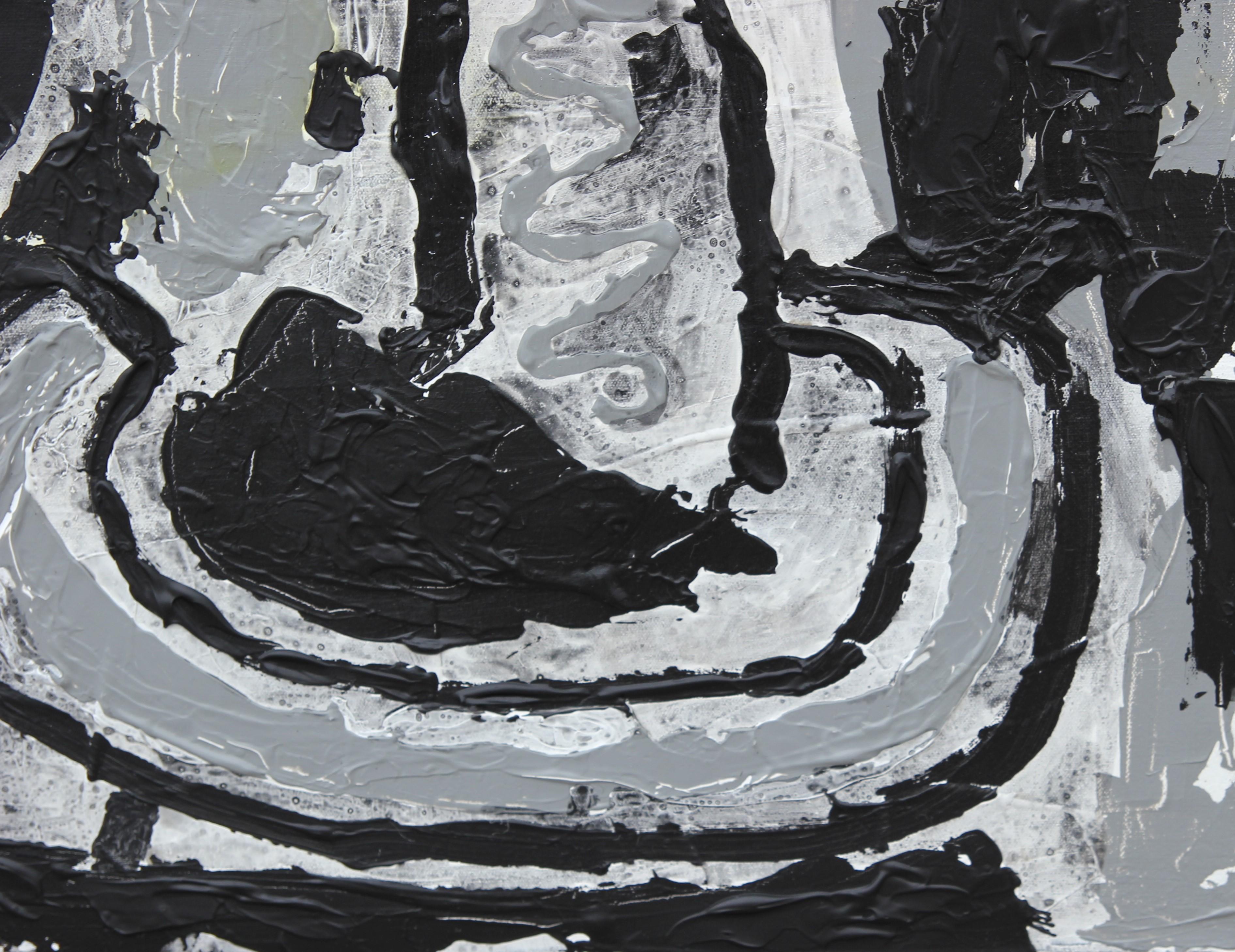 Abstraktes schwarzes und graues Gemälde „Enigma“ (Schwarz), Abstract Painting, von Paul Reeves
