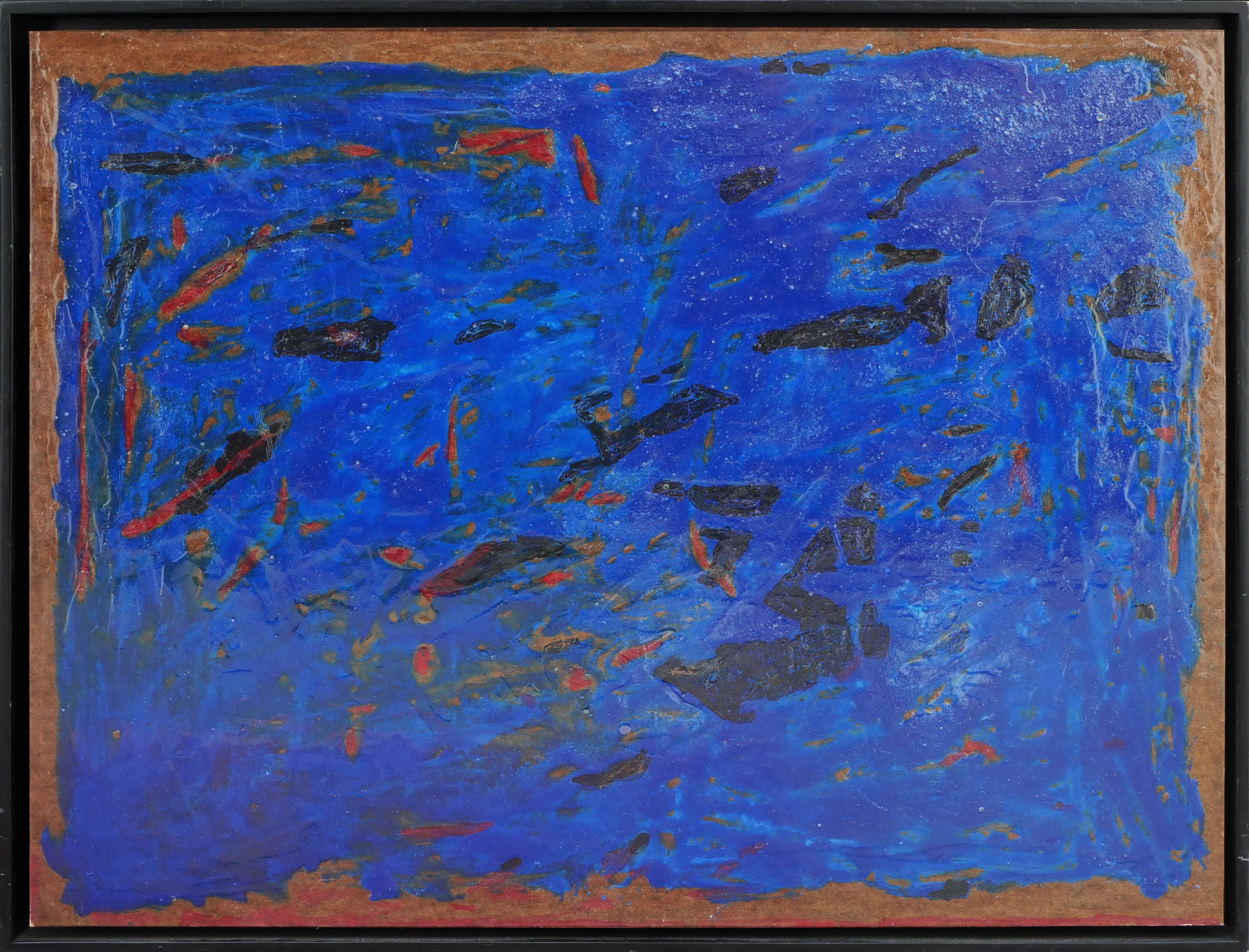 This work features a blue field with accents of gold and black reminiscent of fish in a pond. Framed in a black wooden frame. Signed, titled, and dated by the artist Paul Reeves.

Artist Biography: Paul Reeves is the former owner of Reeves Antiques.