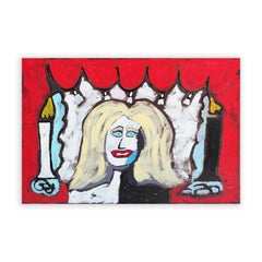 "Hollywood" Blonde Woman Behind a Stage with Red Curtains and Two Candles