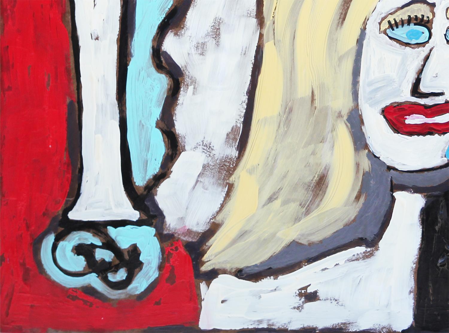 Rotes, blaues und gelbes abstraktes figuratives Gemälde des Inhabers von Reeves Art + Design und Künstlers Paul Reeves aus Houston, TX. Das querformatige Gemälde zeigt eine blonde Frau mit rot geschminkten Lippen auf einer Bühne mit einem roten