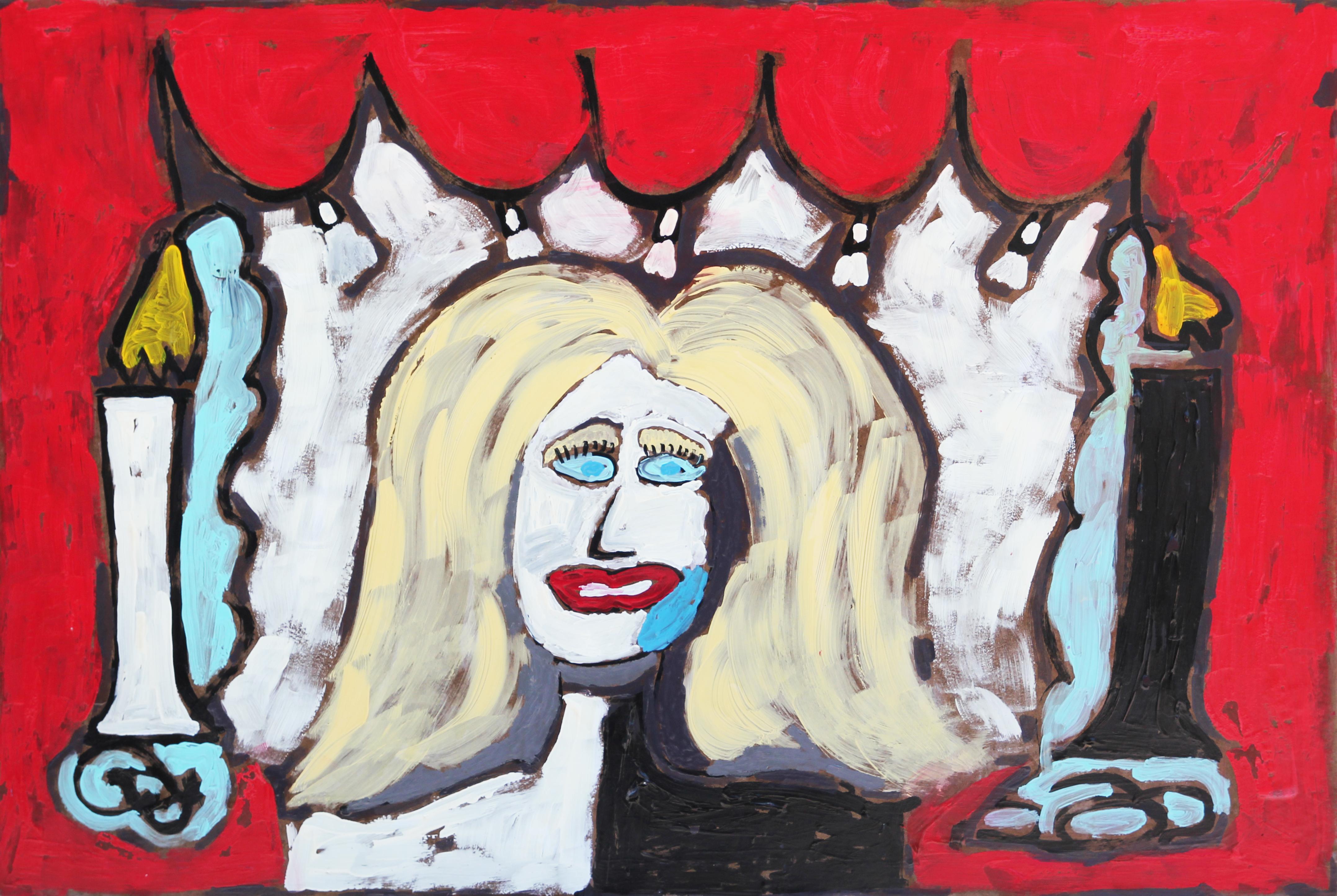 Paul Reeves Abstract Painting - "Hollywood" Blonde Woman Behind a Stage with Red Curtains and Two Candles