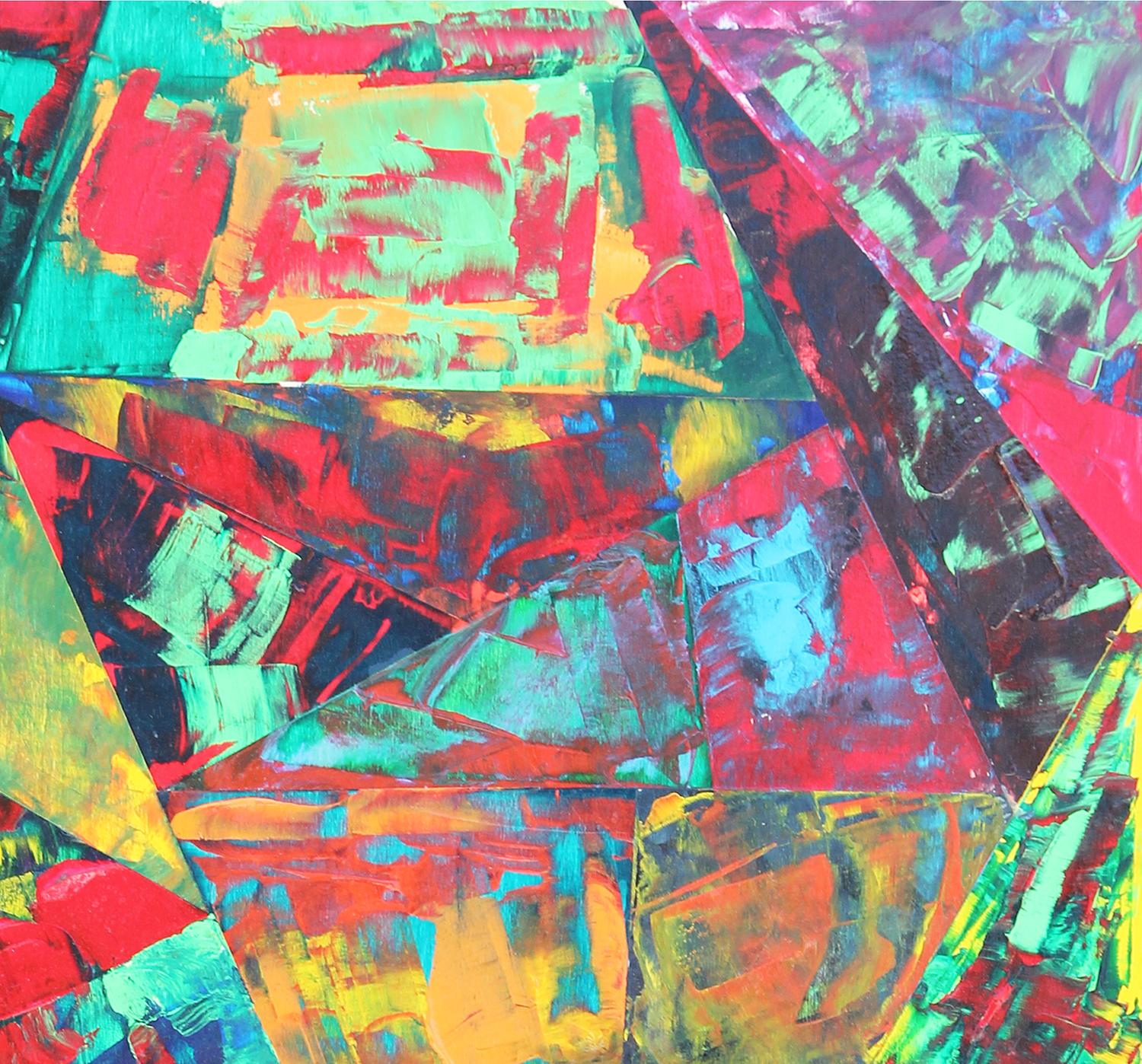 Vibrantes mehrfarbiges abstraktes geometrisches Gemälde „Kaleidoscope“ (Braun), Abstract Painting, von Paul Reeves