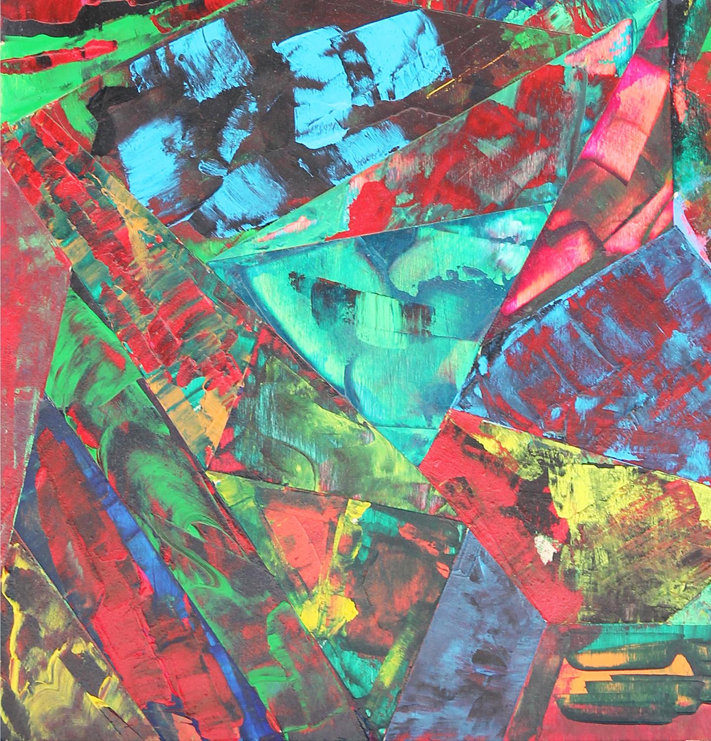 Abstraktes geometrisches Gemälde in Türkis, Rot, Grün, Gelb und Rosa von Paul Reeves, Inhaber von Reeves Art + Design und Künstler aus Houston, TX. Dieses Gemälde zeigt lebendige, farbige Formen, die an ein Kaleidoskop erinnern. Signiert und datiert