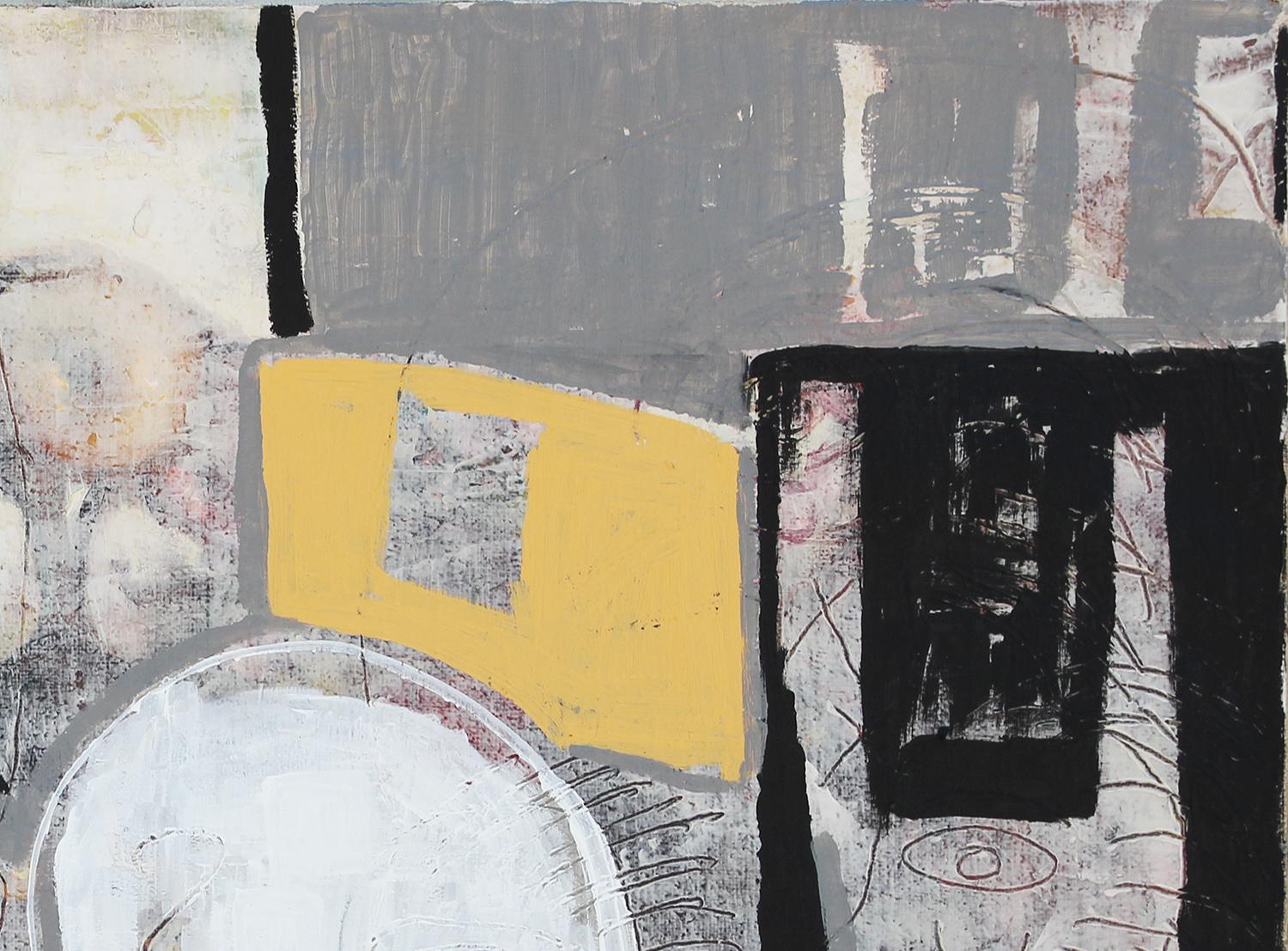 Quadro figurativo astratto di colore grigio, rosso, giallo e nero dell'artista di Houston, TX e proprietario di Reeves Art + Design Paul Reeves. Questo dipinto raffigura più volti su uno sfondo di varie forme geometriche. Firmato e datato