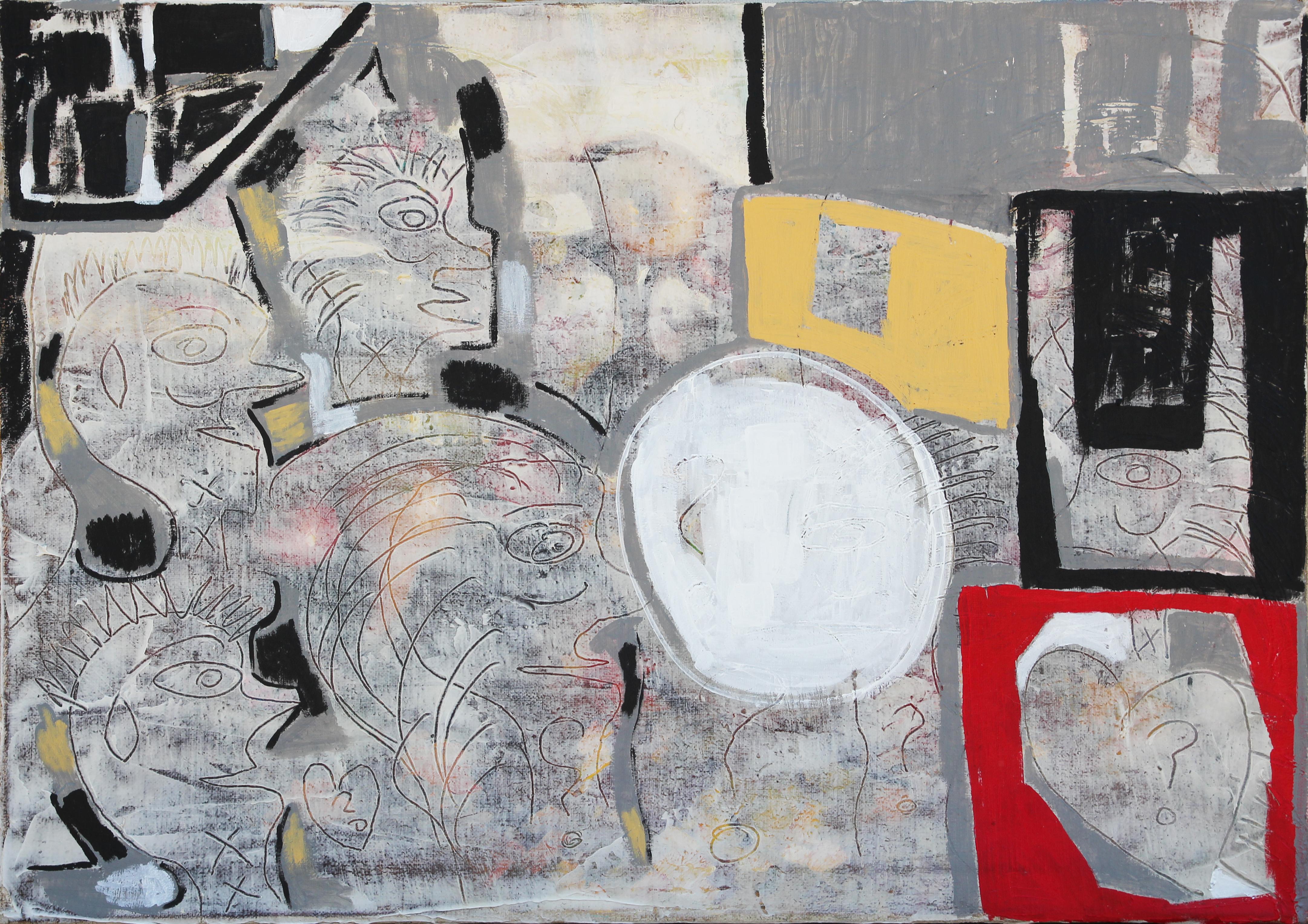 Paul Reeves Abstract Painting - "Luck of the Draw" Gray and Red Abstract Figurative Painting