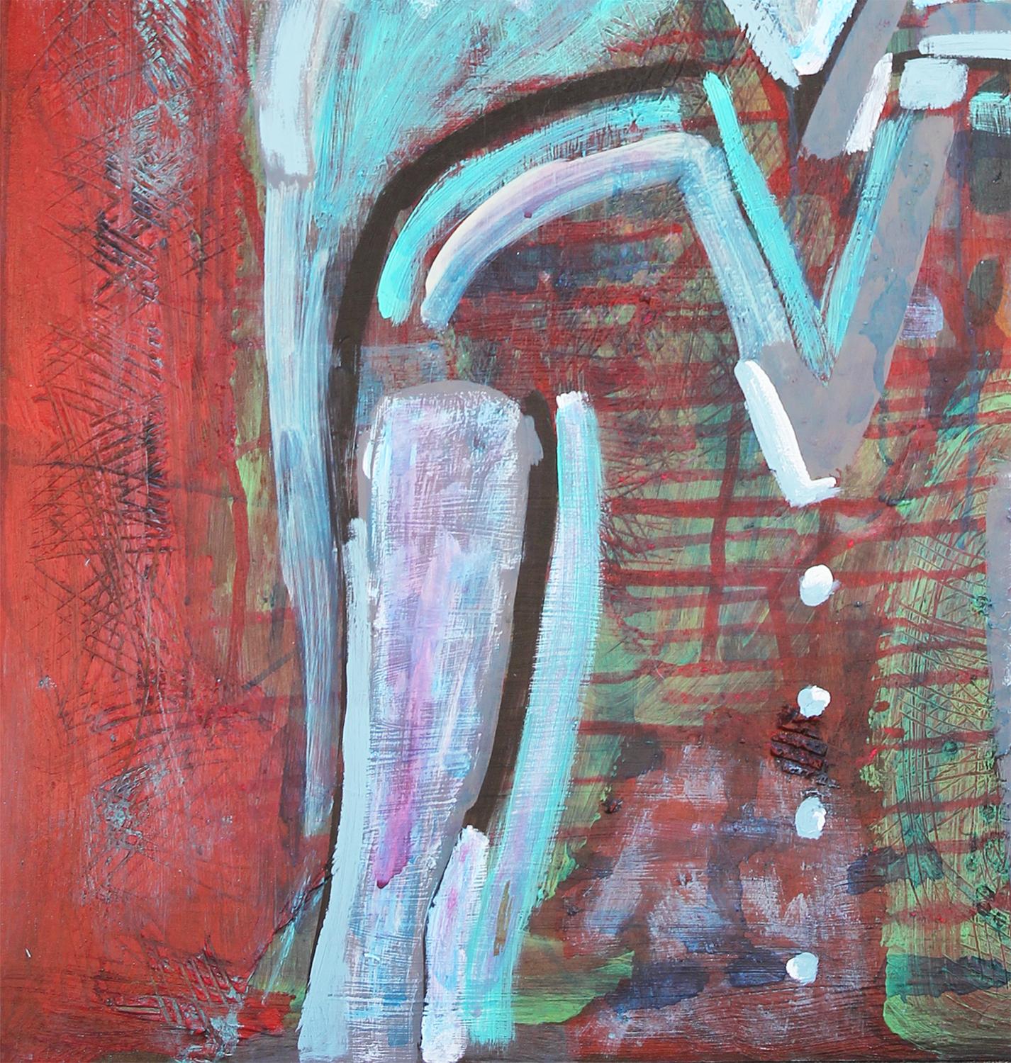 Quadro figurativo astratto longitudinale rosso e blu del proprietario di Reeves Art + Design e artista di Houston, TX, Paul Reeves. Questo pezzo raffigura una donna con i capelli bianchi e blu su uno sfondo astratto rosso. Firmato e datato