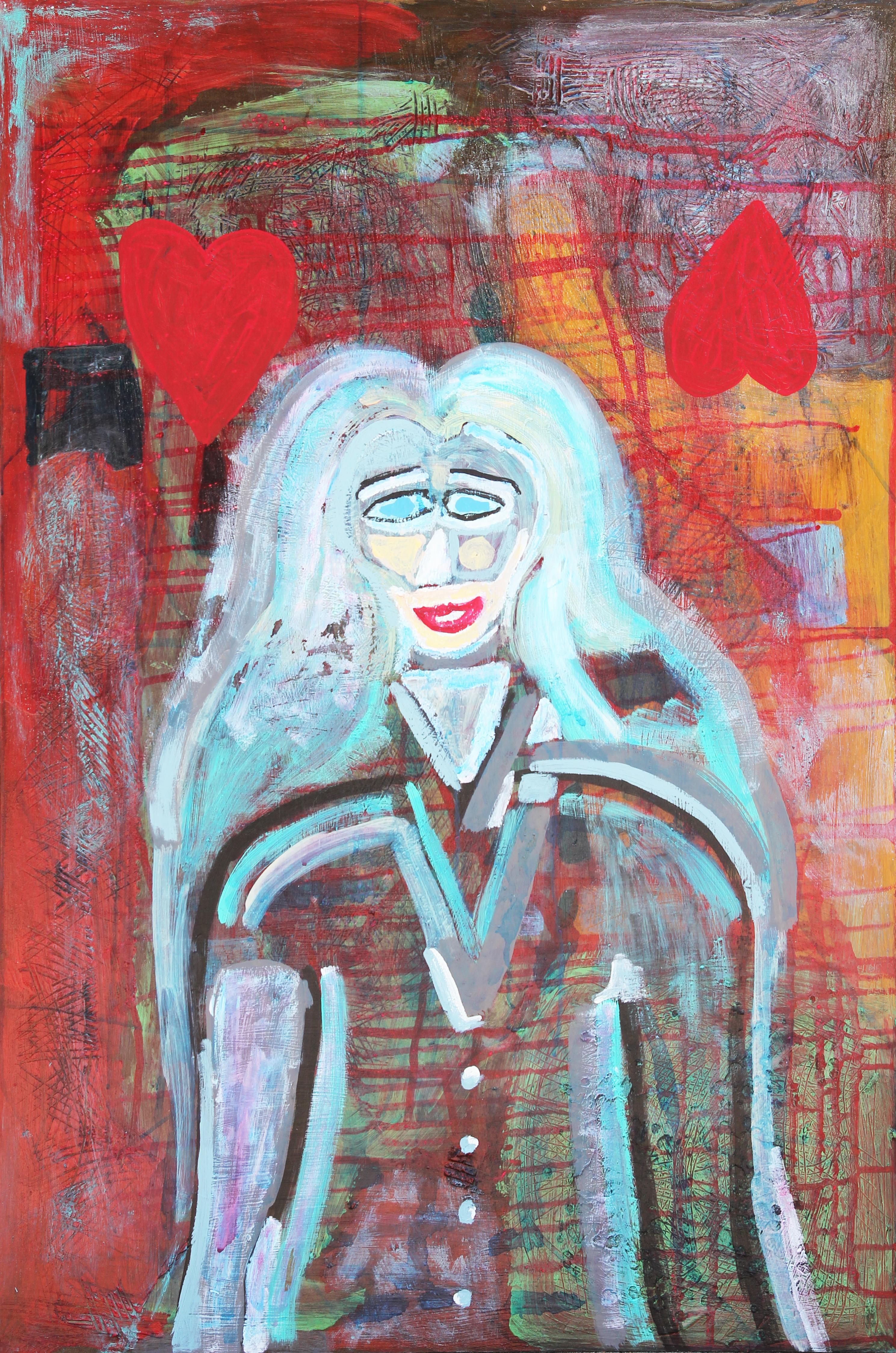 Figurative Painting Paul Reeves - "Maybe, Maybe Not" peinture abstraite longitudinale bleue et rouge d'un portrait de femme