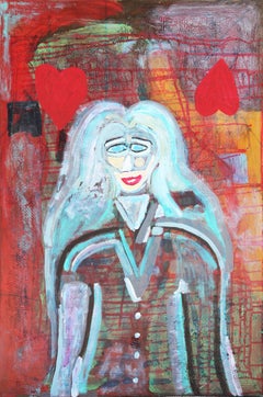 "Maybe, Maybe Not" Blue and Red Abstract Longitudinal Female Portrait Painting