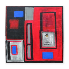 "MIA Vietnam" Red, Blue, and Black Figurative Geometric Abstract Painting