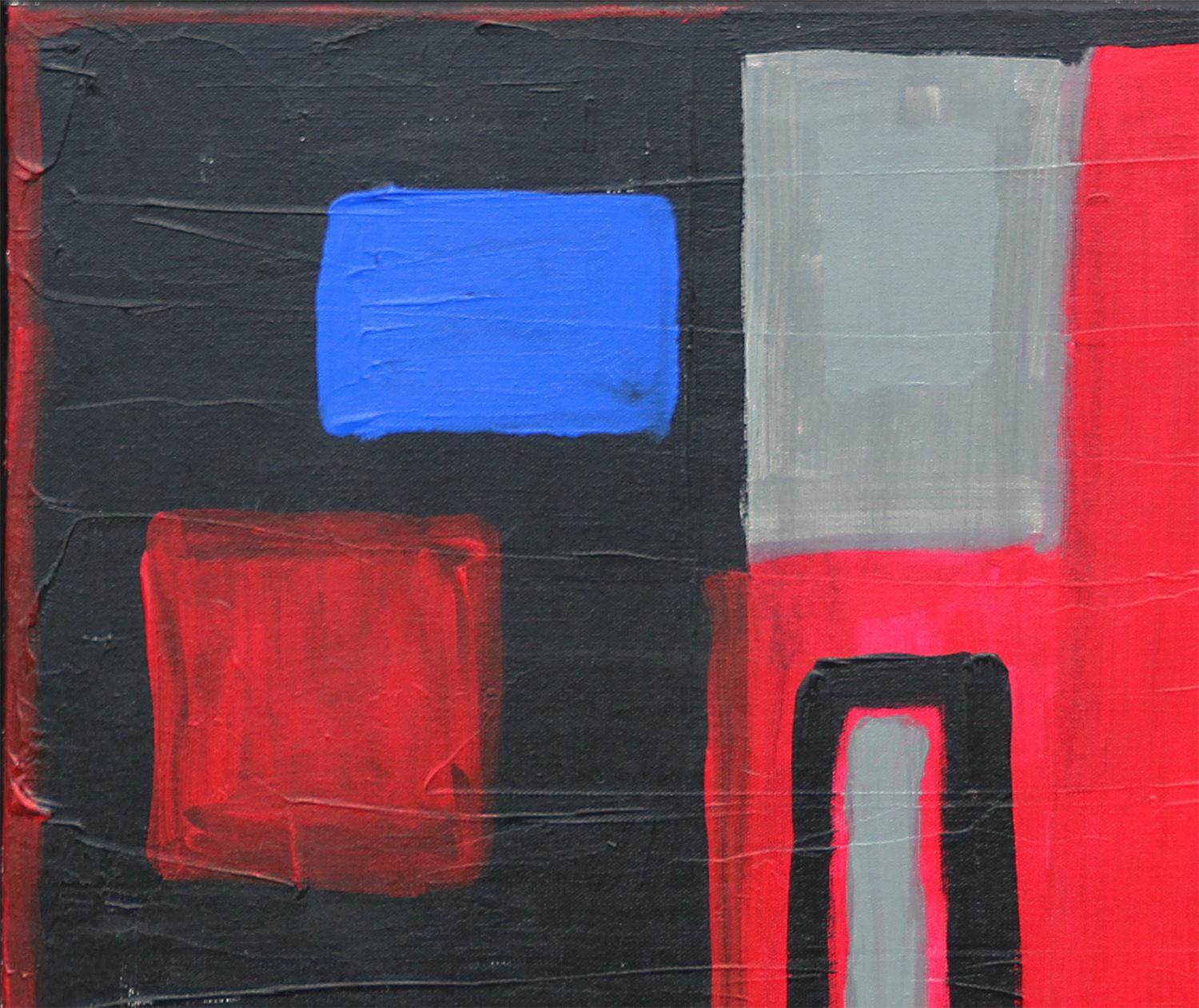 Red, blue, and black abstract figurative painting by Texas artist Paul Reeves. The work features a central figure with the text 