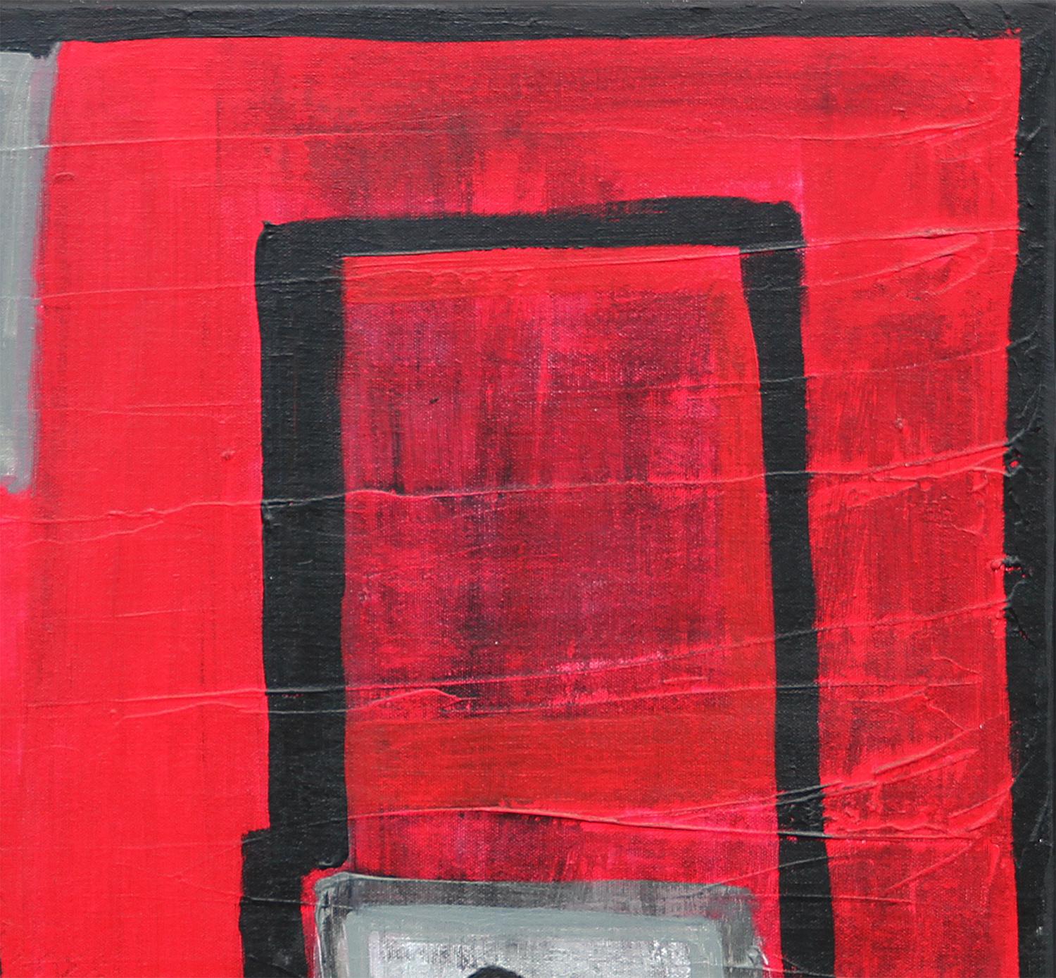 Rotes, blaues und schwarzes abstraktes figuratives Gemälde des texanischen Künstlers Paul Reeves. Das Werk zeigt eine zentrale Figur mit dem Text 