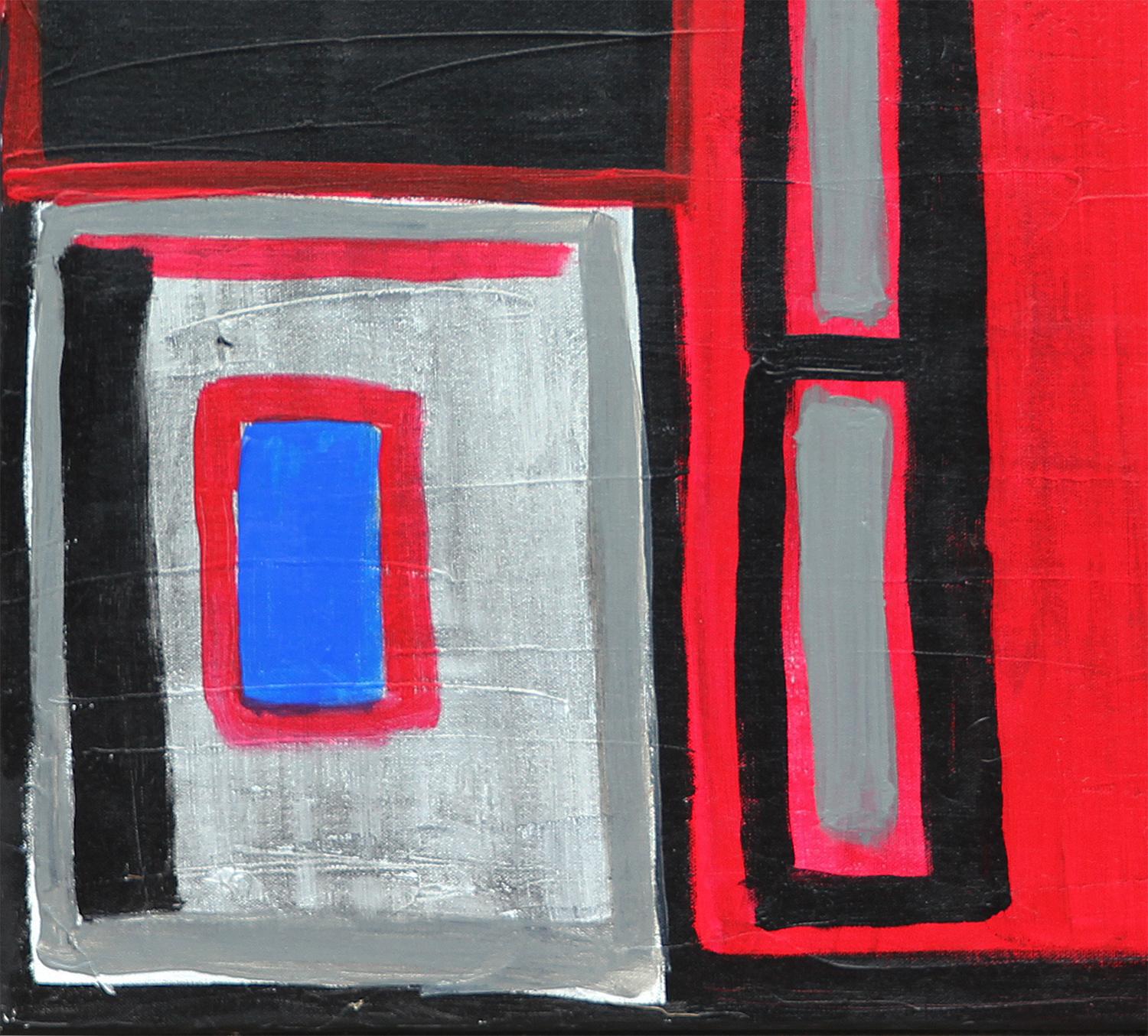Peinture figurative abstraite rouge, bleue et noire de l'artiste texan Paul Reeves. L'œuvre présente une figure centrale avec le texte 