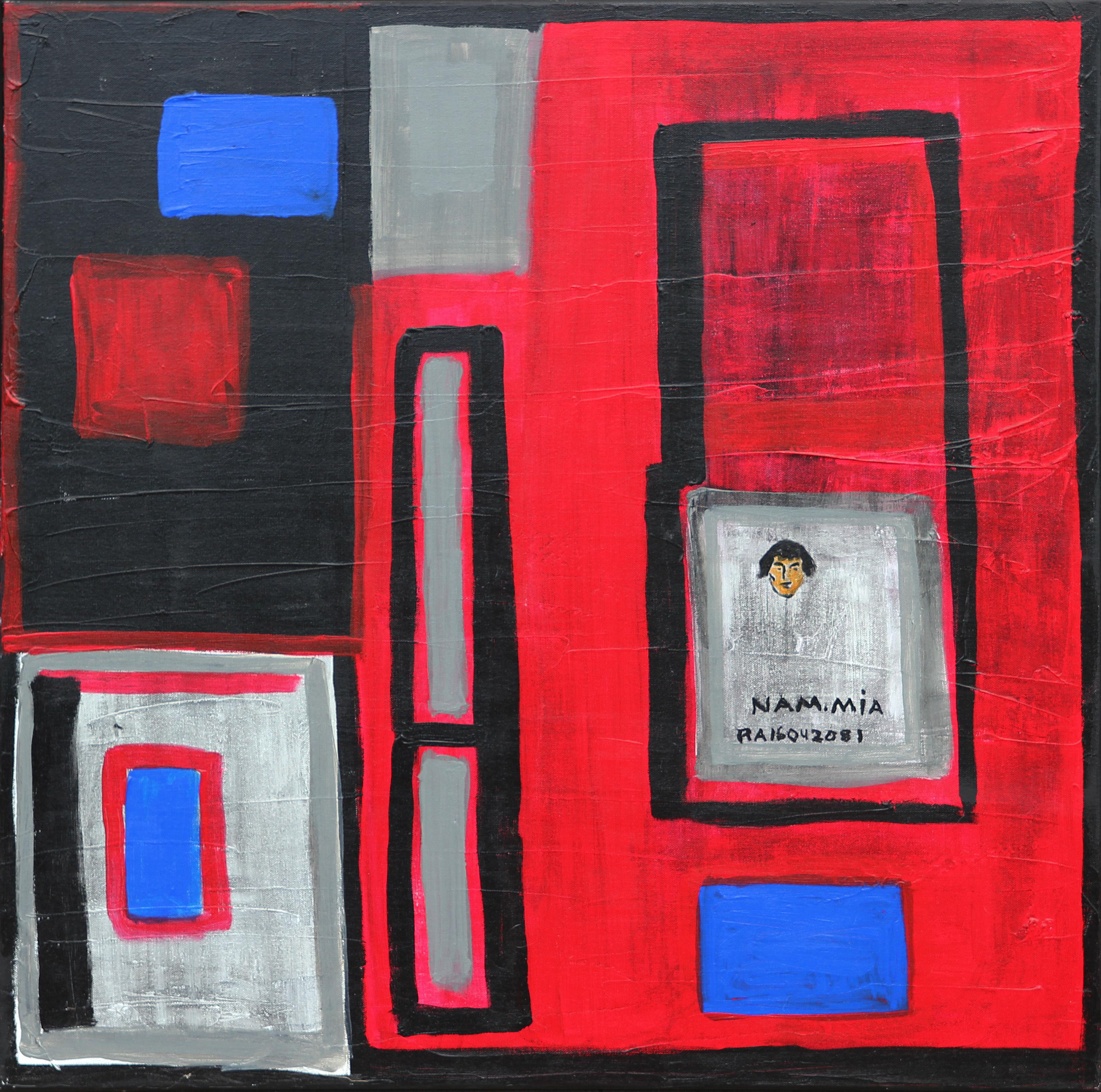 Figurative Painting de Paul Reeves - "MIA Vietnam" Pintura abstracta geométrica figurativa roja, azul y negra