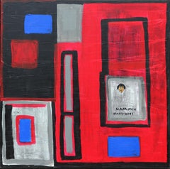 "MIA Vietnam" Red, Blue, and Black Figurative Geometric Abstract Painting