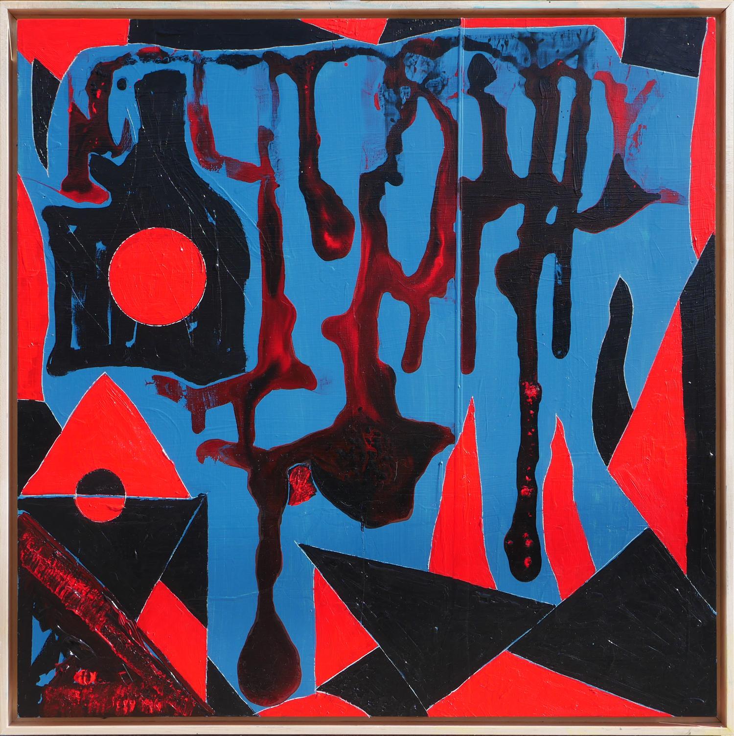 Blue and red geometric abstract painting by Houston, Texas artist Paul Reeves. The work features a variety of flowy and angular shapes in black and red against a sky-blue background. Signed by the artist on the back. 

Dimensions Without Frame: H