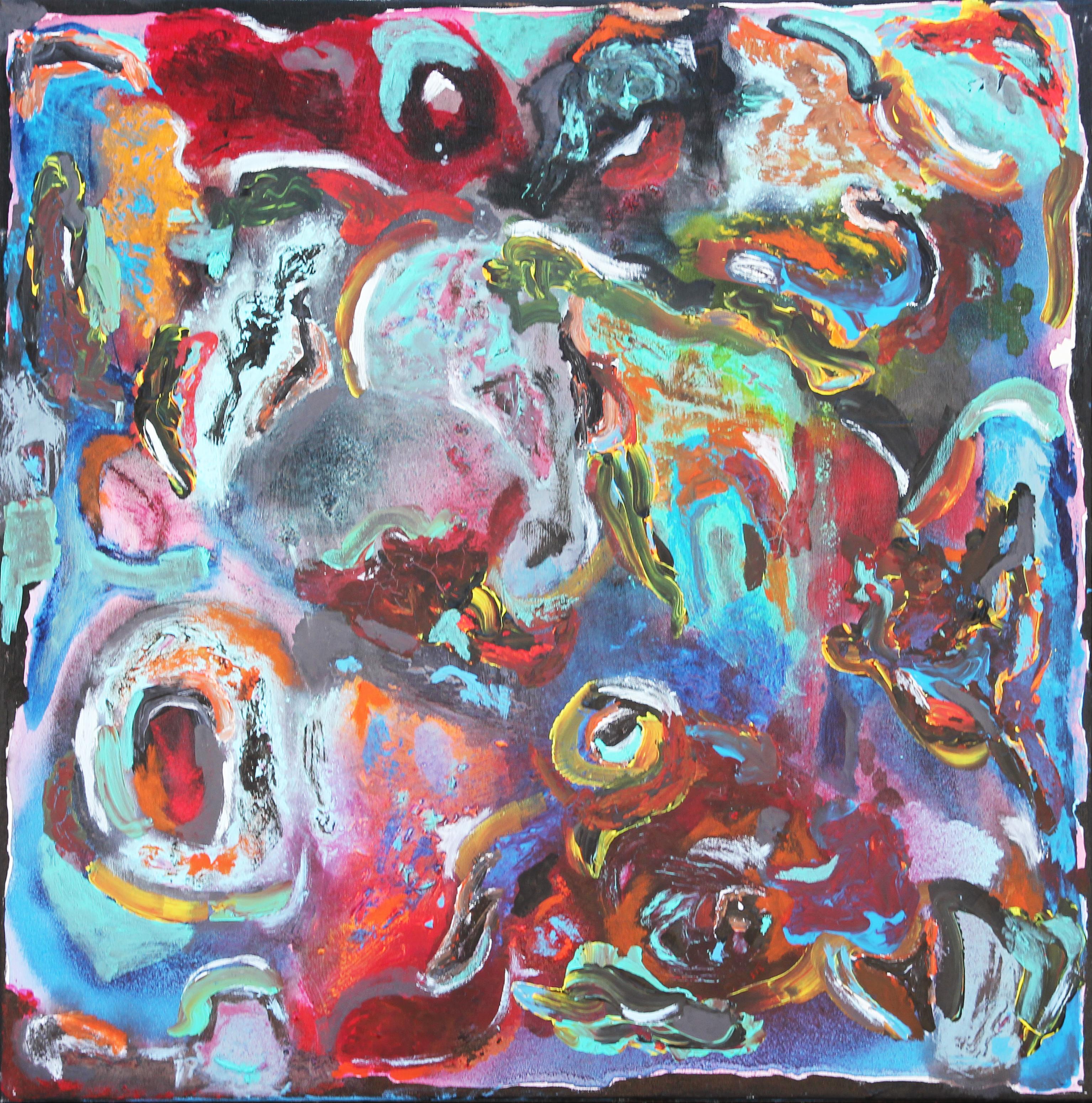 Abstract Painting di Paul Reeves - "Suoni notturni" Pittura astratta blu, rossa e arancione con vortici colorati