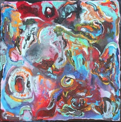 "Night Sounds" Light Blue, Red, and Orange Abstract Painting w/ Colorful Swirls