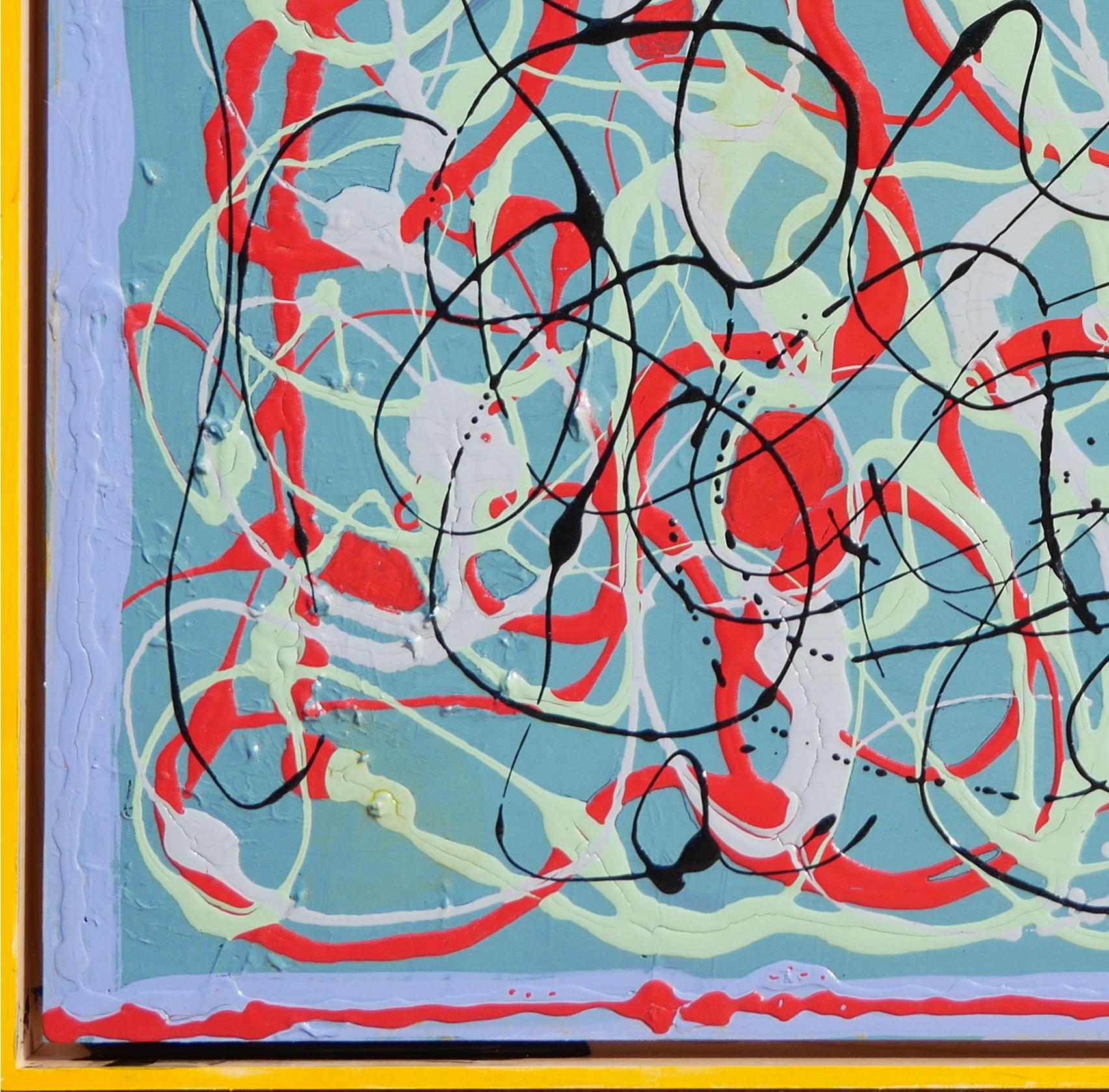Abstract expressionist painting by Reeves Art + Design owner and Houston, TX artist Paul Reeves. This painting features colorful expressionist pastel green, red, lavender, and black swirls against a light blue background. Signed, dated, and titled