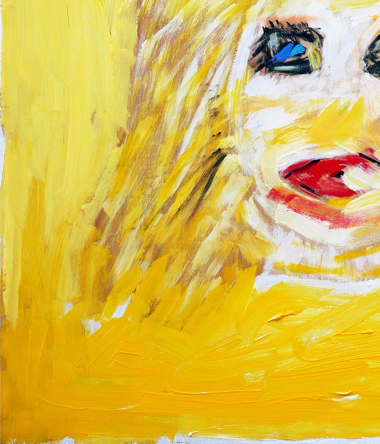 Orange and yellow toned painting by Houston, TX artist Paul Reeves. This painting depicts a blonde woman with red lips against an abstract yellow, orange, and white background. Signed and dated by the artist at the back. Unframed but framing options