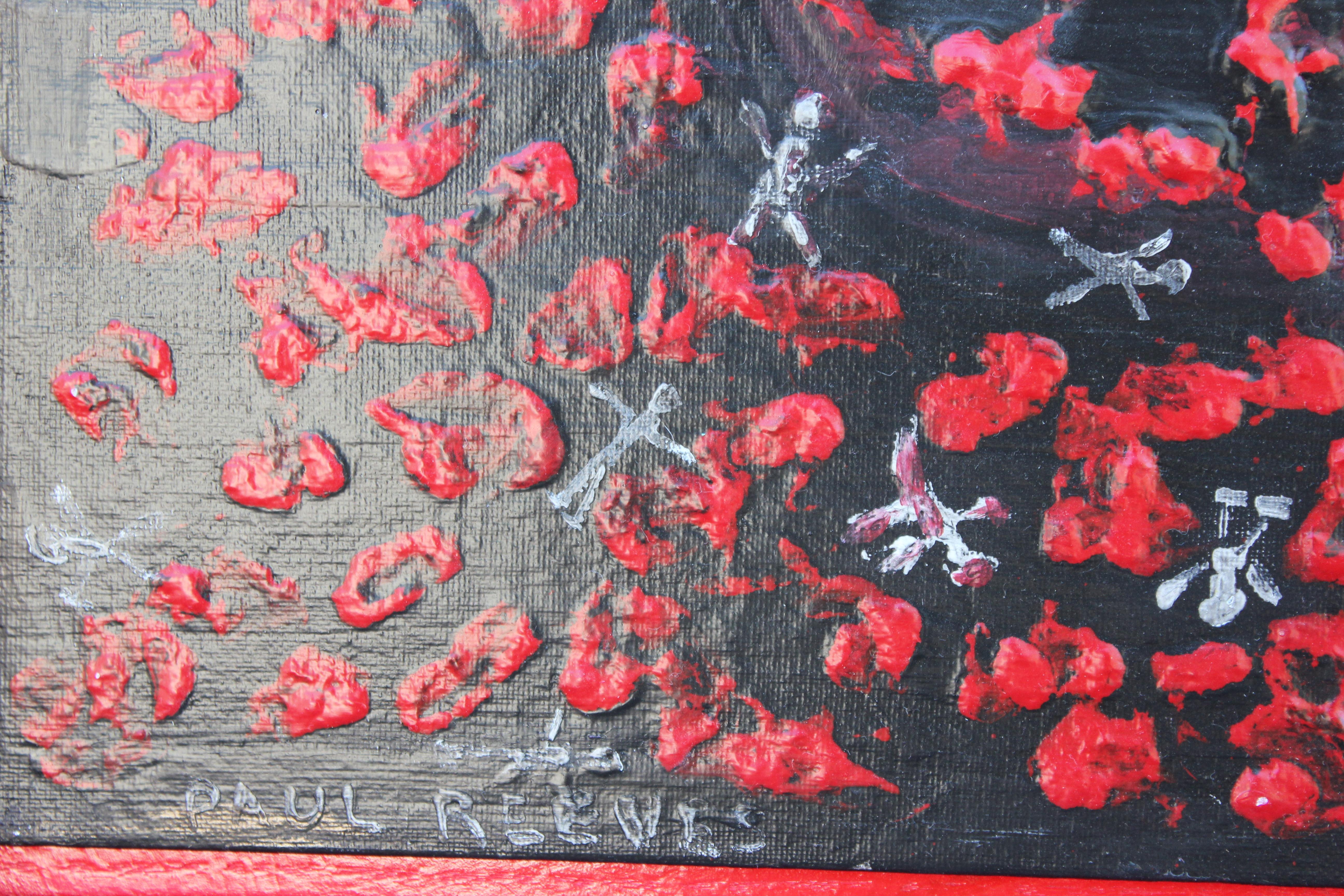 „ „Pollution““ Rotes und schwarzes abstraktes Gemälde (Grau), Figurative Painting, von Paul Reeves