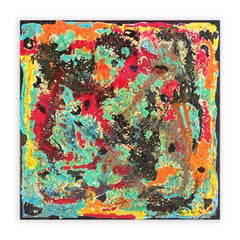 "Ramshackle" Green, Red, Turquoise, and Orange Abstract with Pebbles