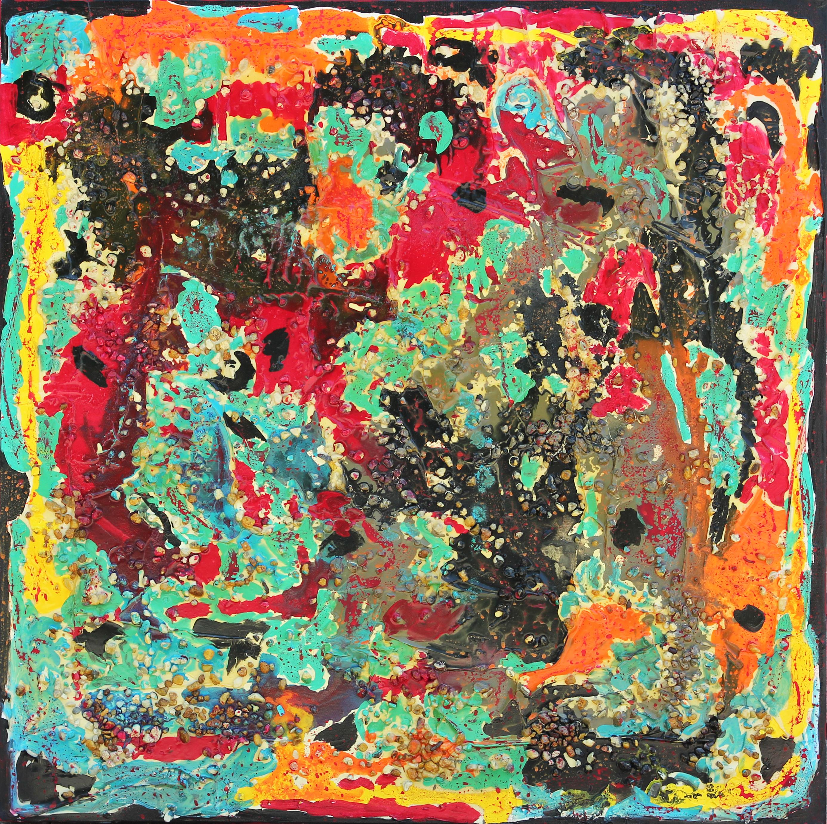 "Ramshackle" Green, Red, Turquoise, and Orange Abstract with Pebbles