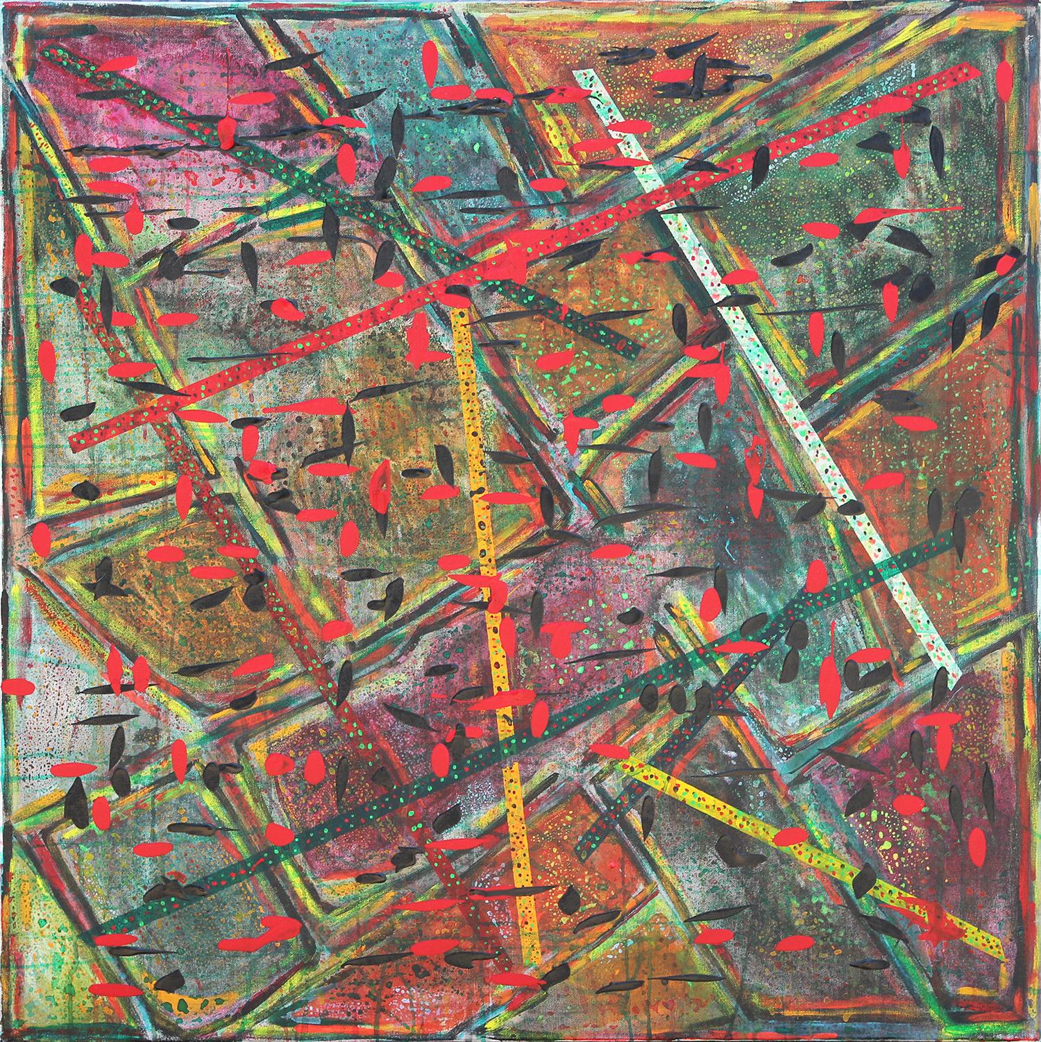 Peinture abstraite géométrique colorée « sécurité » avec petits motifs rouges et noirs - Painting de Paul Reeves