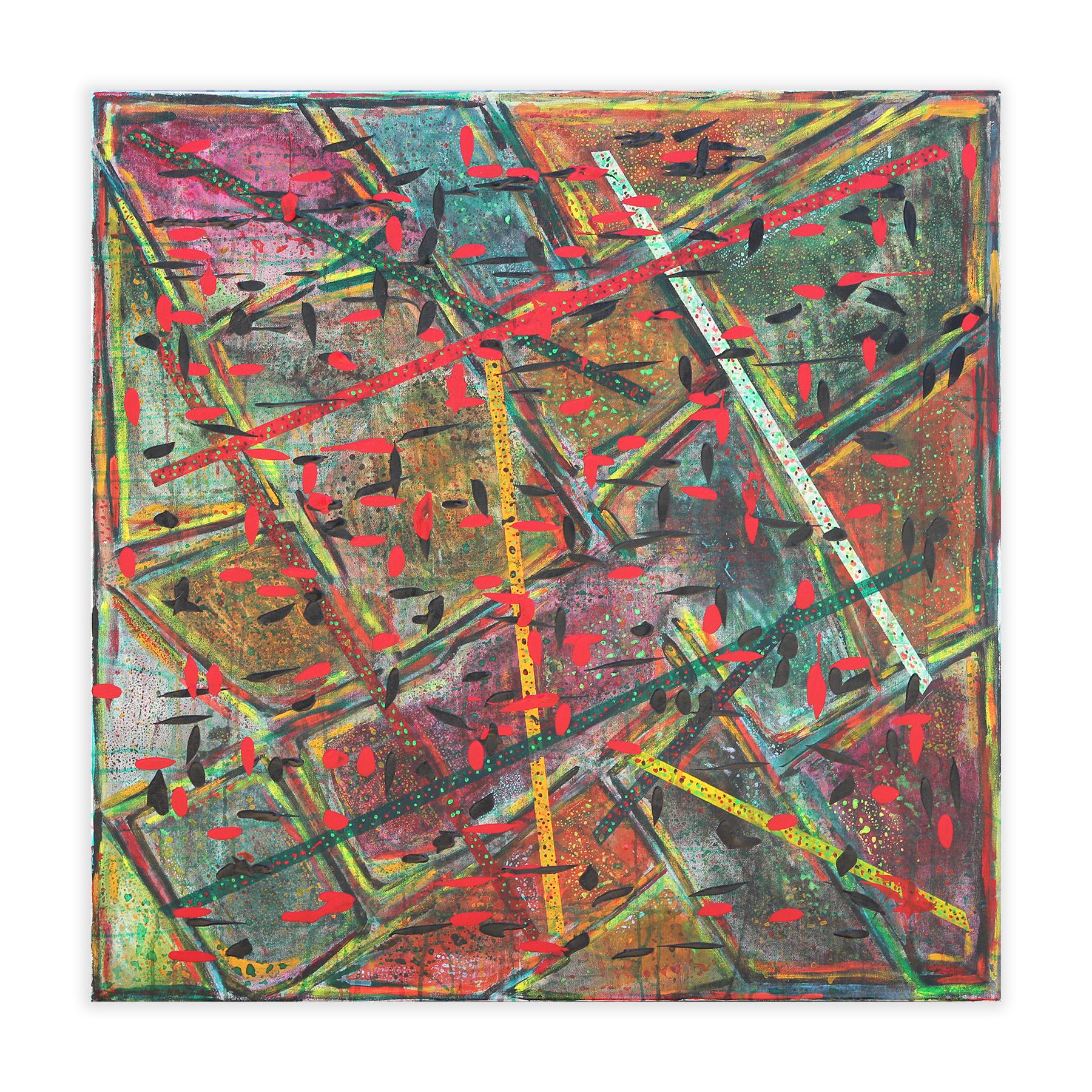 Peinture abstraite géométrique colorée « sécurité » avec petits motifs rouges et noirs - Abstrait Painting par Paul Reeves