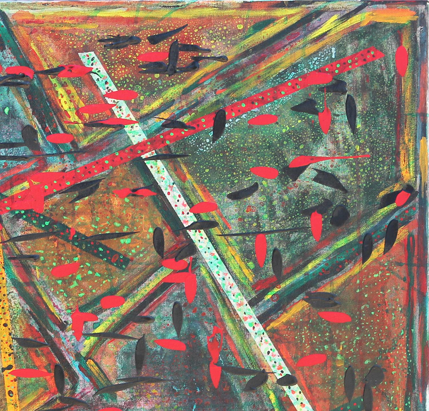 Peinture abstraite géométrique colorée « sécurité » avec petits motifs rouges et noirs - Gris Abstract Painting par Paul Reeves