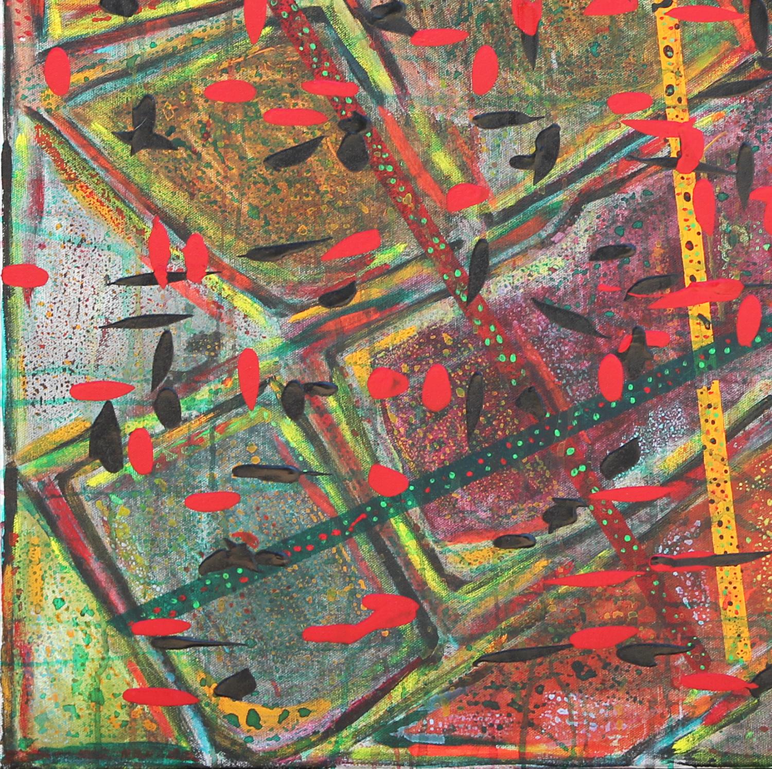 Buntes abstraktes geometrisches Gemälde des Künstlers und Inhabers von Reeves Art + Design in Houston, TX, Paul Reeves. Dieses Gemälde zeigt farbenfrohe geometrische Formen in Grautönen, die durch kantige Linien unterteilt sind. Dieses Stück wird