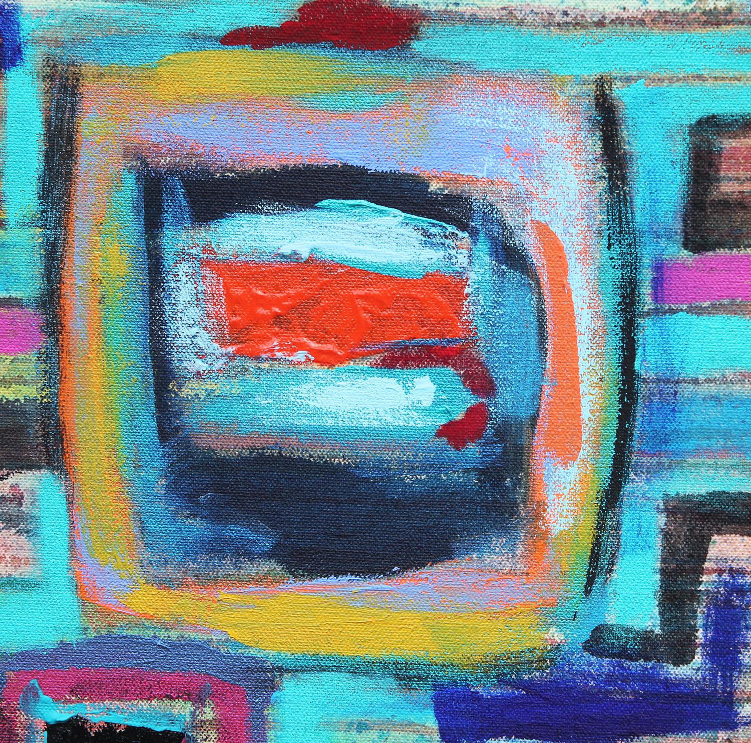 Zeitgenössisches abstraktes kubistisches Gemälde „Static Conundrum“ in Blau, Grün und Rosa im Angebot 5
