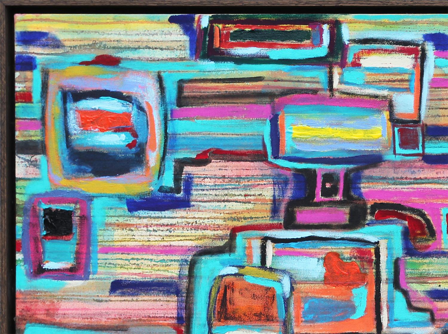 Zeitgenössisches abstraktes kubistisches Gemälde „Static Conundrum“ in Blau, Grün und Rosa (Abstrakt), Painting, von Paul Reeves
