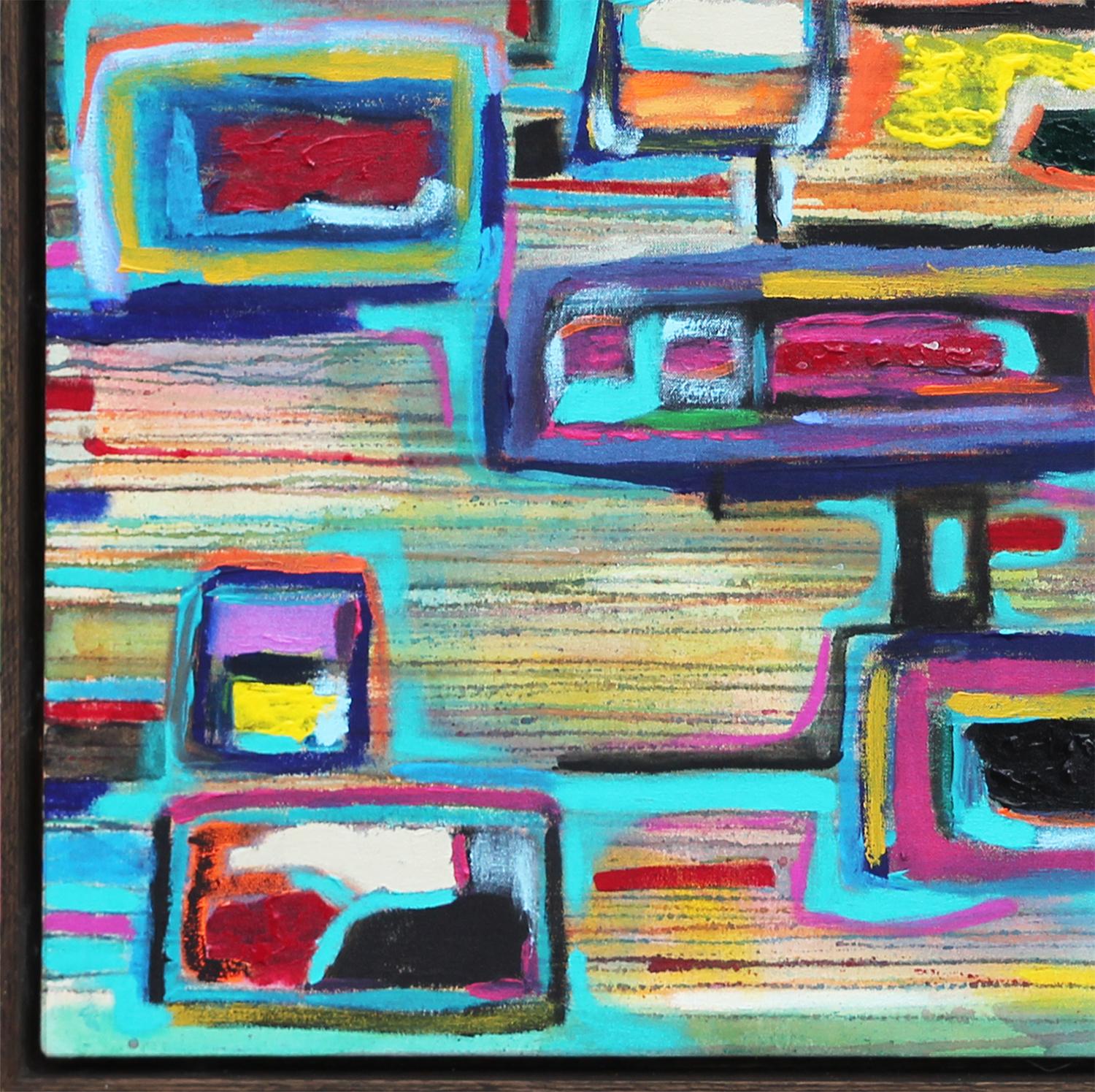 Blaugrünes, grünes und rosafarbenes abstraktes Gemälde im kubistischen Stil des texanischen Künstlers Paul Reeves. Das Werk weist die geometrische Struktur des traditionellen Kubismus auf, kombiniert mit der Pinselführung des abstrakten
