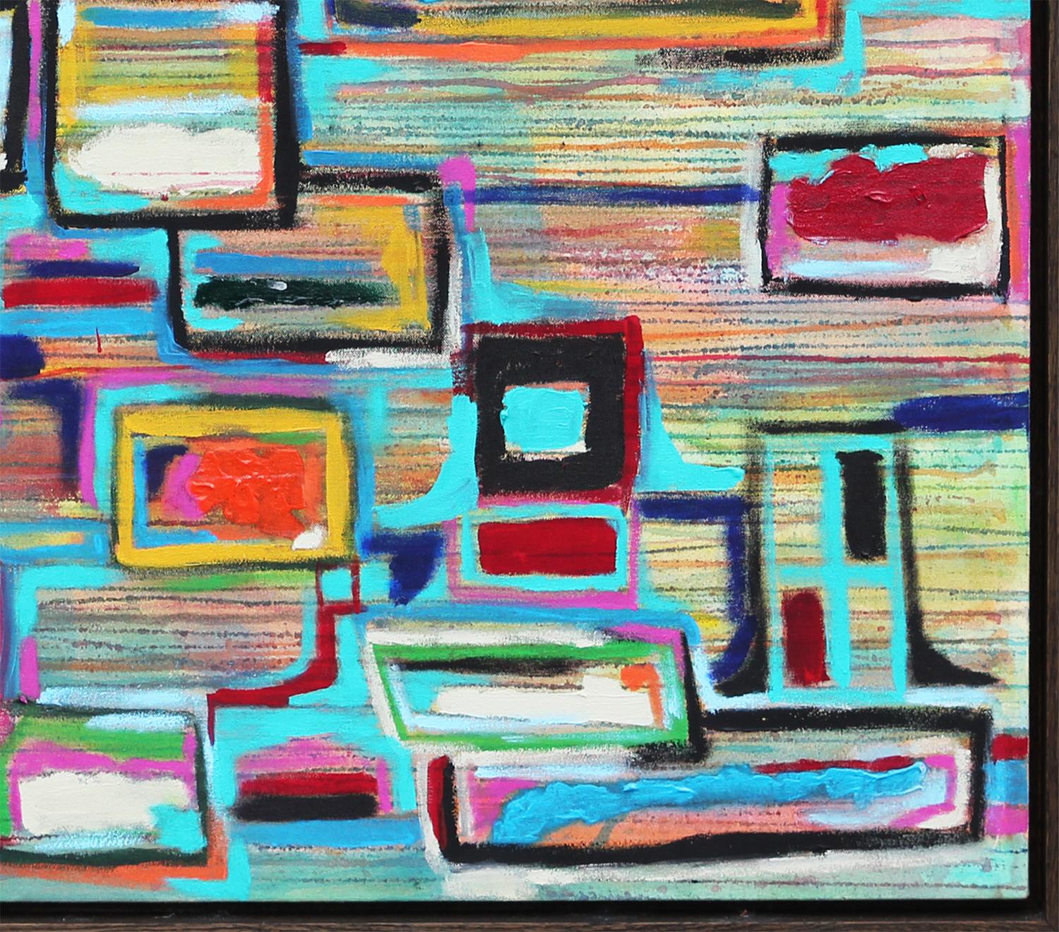 Zeitgenössisches abstraktes kubistisches Gemälde „Static Conundrum“ in Blau, Grün und Rosa im Angebot 1